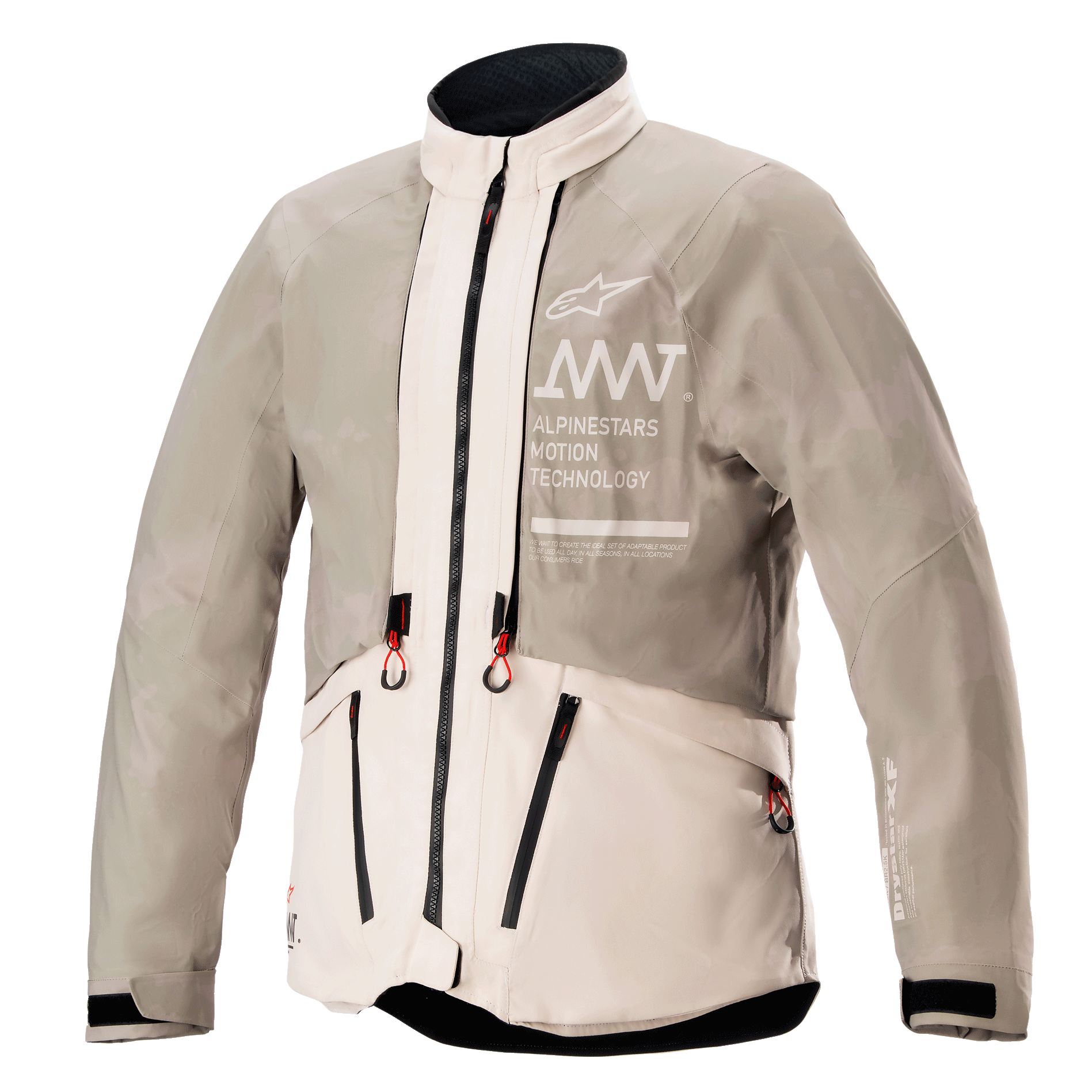 Alpinestars AMT-10LAB Drystar® XF Jacket, Rain Configuration, White Sand Aluminum Camo, waterproof textile adventure jacket featuring AMT branding on the chest and red-tipped zipper pulls.