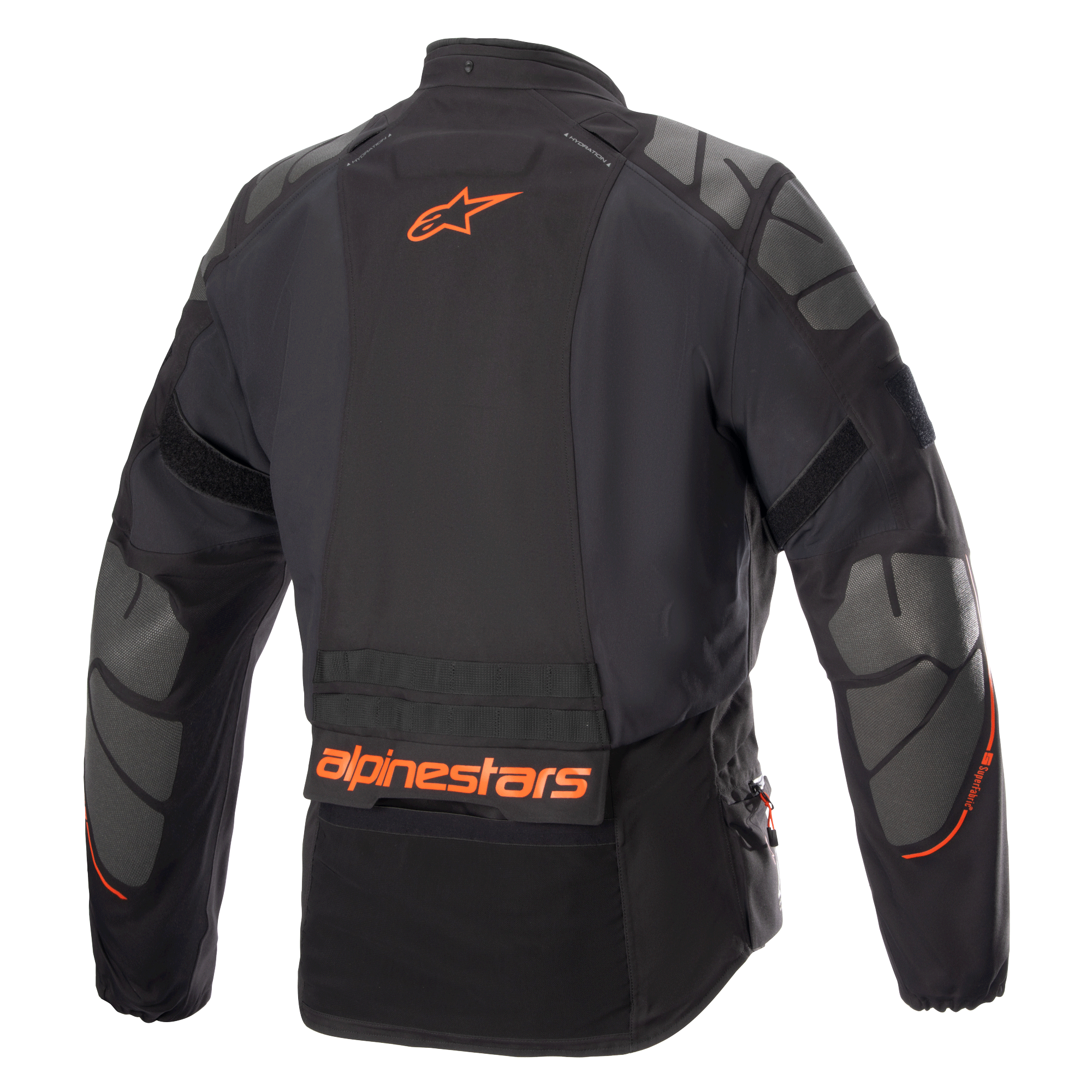 Alpinestars AMT-10R Drystar® XF Jacket, Motorcycle Adventure Jacket, Black with orange Alpinestars logo and grey Superfabric panels on shoulders and elbows, rear view, technical multi-season riding gear