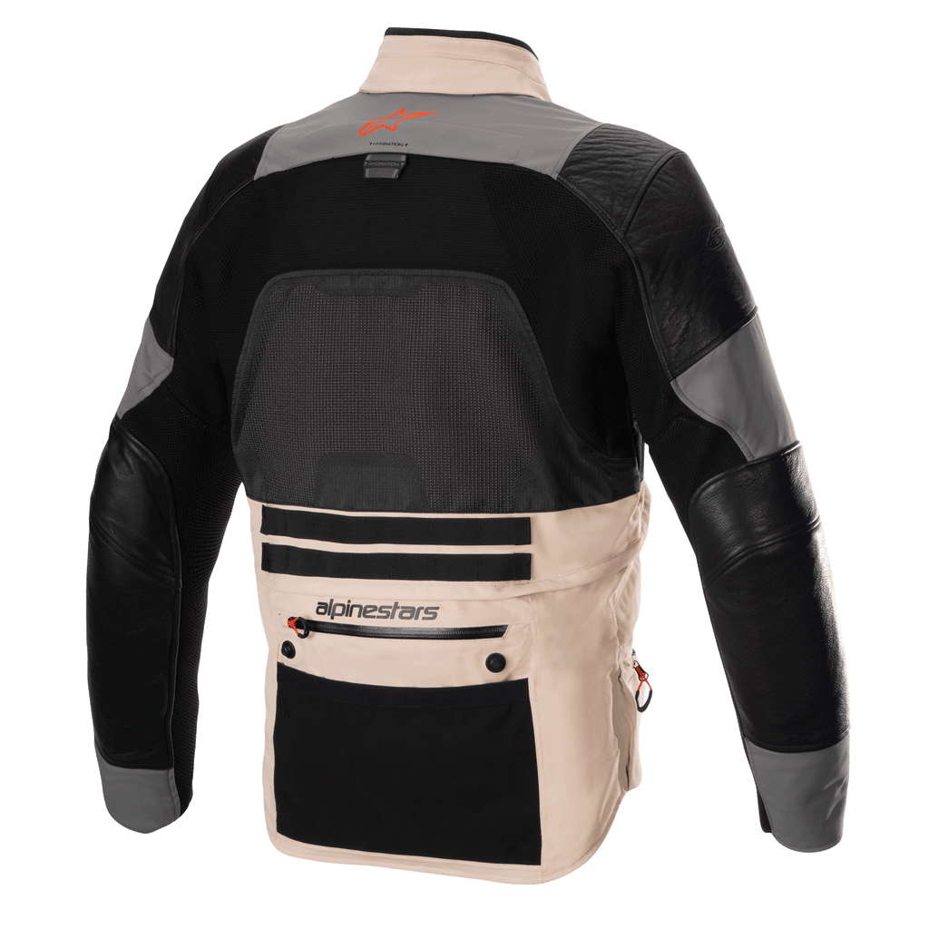 Alpinestars AMT-10R Drystar XF Jacket, adventure motorcycle jacket, Rear View in heat configuration, Fur Gray and Pale Brown with black panels, featuring a large mesh back panel for ventilation, leather arm reinforcements, and a large lower back utility pocket with Alpinestars branding.