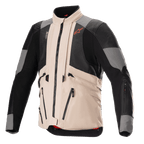 Alpinestars AMT-10R Drystar XF Jacket in heat configuration, Adventure Motorcycle Jacket, Fur Gray and Pale Brown with Black mesh panels, modular design for maximum airflow, featuring multiple utility pockets and Spicy Orange Alpinestars logo on the chest.