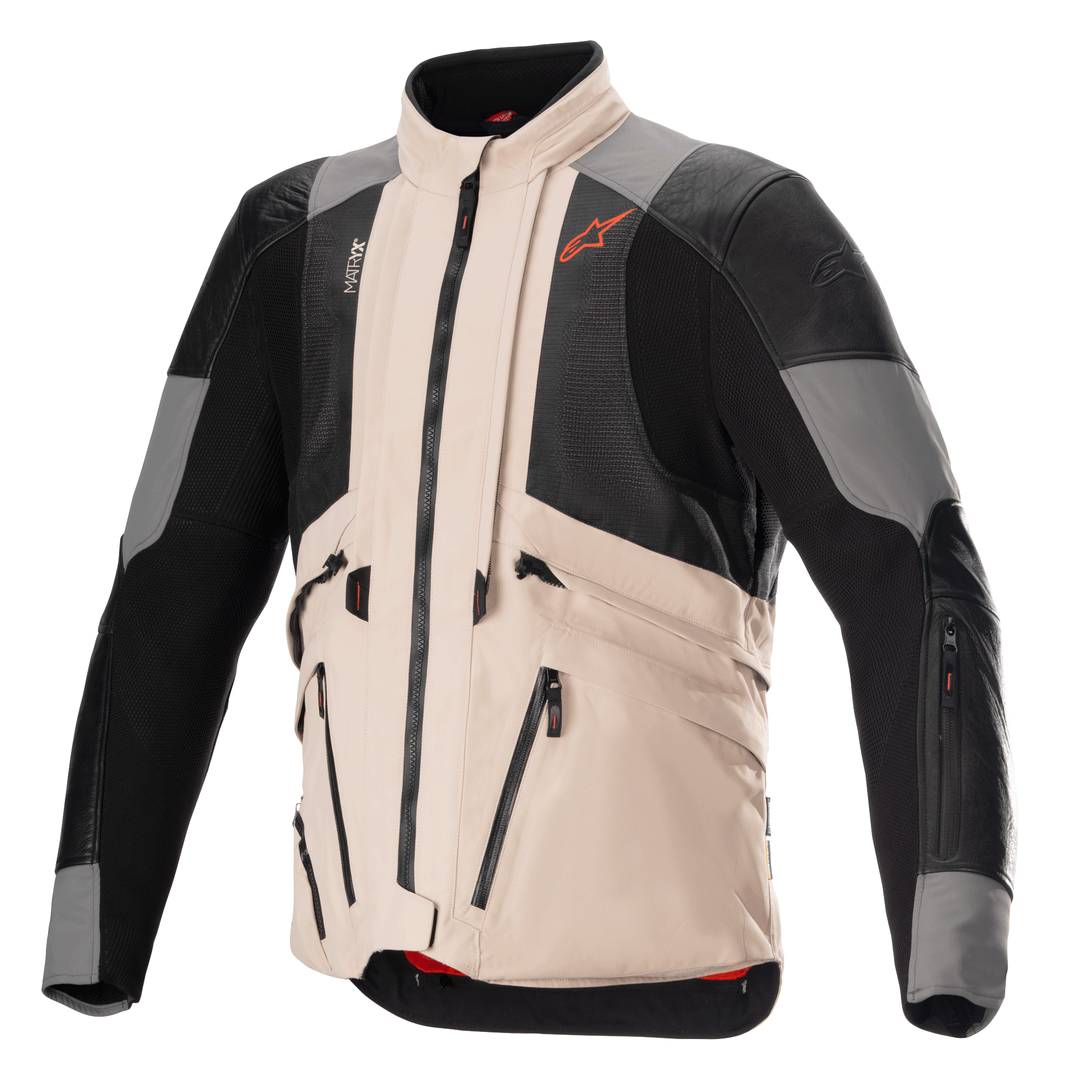 Alpinestars AMT-10R Drystar XF Jacket in heat configuration, Adventure Motorcycle Jacket, Fur Gray and Pale Brown with Black mesh panels, modular design for maximum airflow, featuring multiple utility pockets and Spicy Orange Alpinestars logo on the chest.