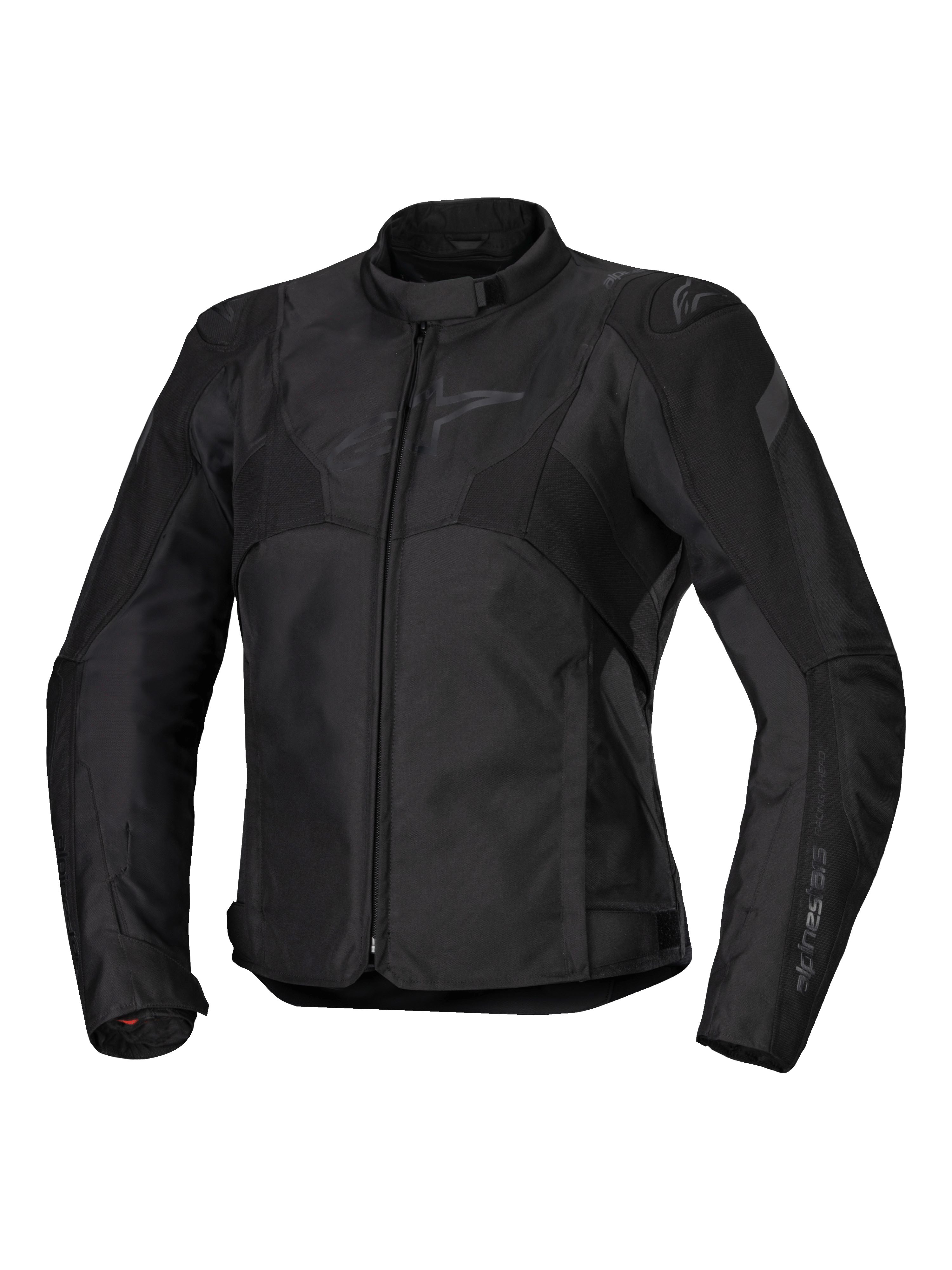 Alpinestars Stella T-Jaws V4 Waterproof Jacket, Women's Motorcycle Jacket, Black on Black, front zipper closure, ergonomic collar, subtle Alpinestars logo on the chest, durable textile construction with a racing-inspired sport fit