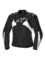 Alpinestars Stella T-Jaws V4 Waterproof Jacket, Women's Sport Motorcycle Jacket, Black and White, featuring a prominent white star logo on the chest, angular white panels on the torso and sleeves, and GP Lite shoulder reinforcements in a fitted 3D sport silhouette.