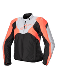 Alpinestars Stella T-Jaws V4 Waterproof Jacket, Women's Sport Textile Motorcycle Jacket, Black, Ice Gray, and Fluo Coral, featuring a high collar, front zipper, angular color blocks, and branding on chest and sleeves