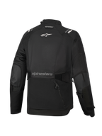 Alpinestars Woman Stella Andes V4 Drystar® Jacket, Black, back view, featuring a large rear storage pocket, white Alpinestars logo on upper back and text branding on lower back, adjustable waist and arm straps, durable textile adventure touring jacket