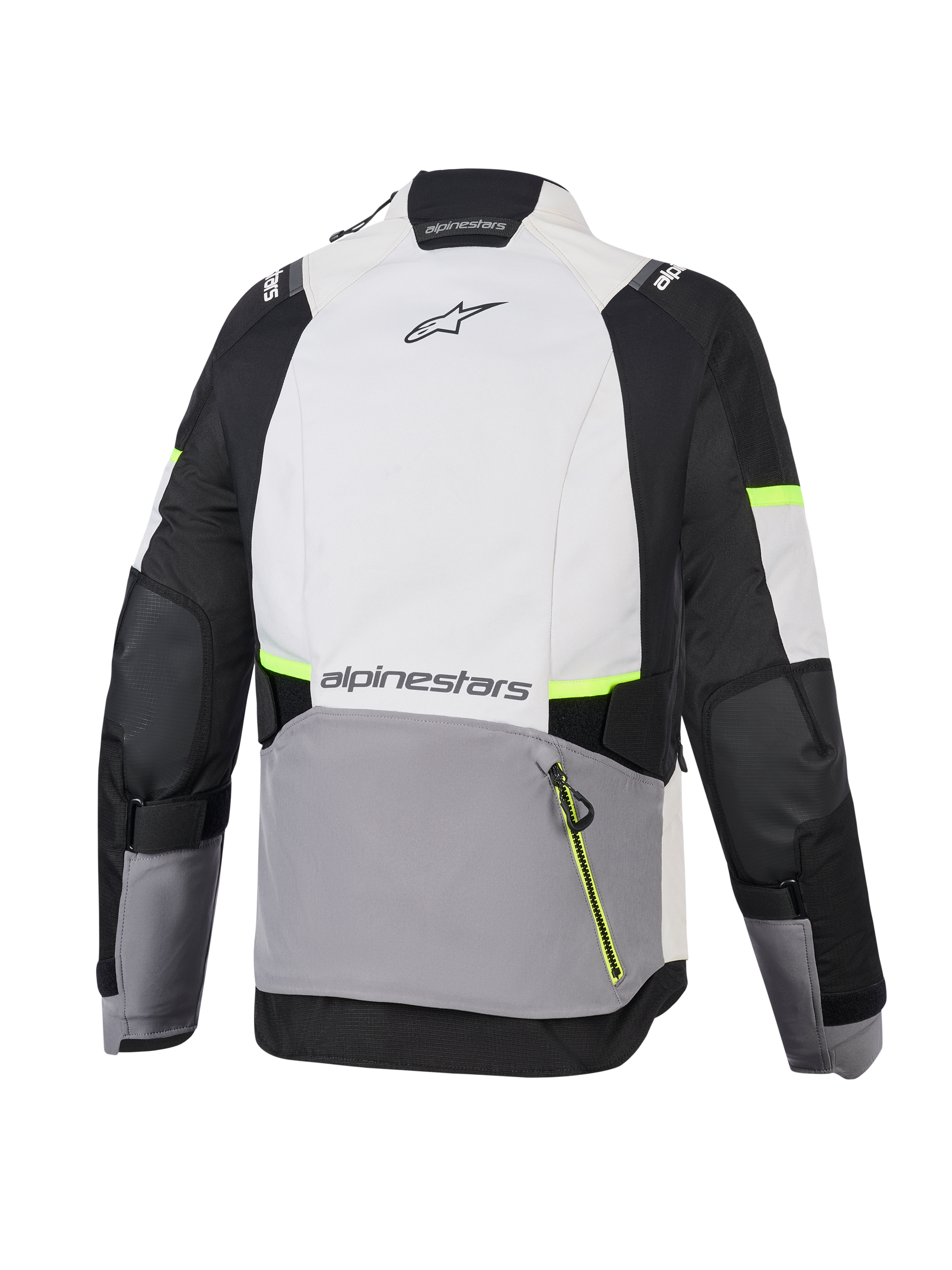 Alpinestars Stella Andes V4 Drystar® Jacket, Women's Adventure Motorcycle Jacket, Ice Gray, Dark Gray, and Black with Yellow Fluo accents, back view showing large rear pocket and Alpinestars branding
