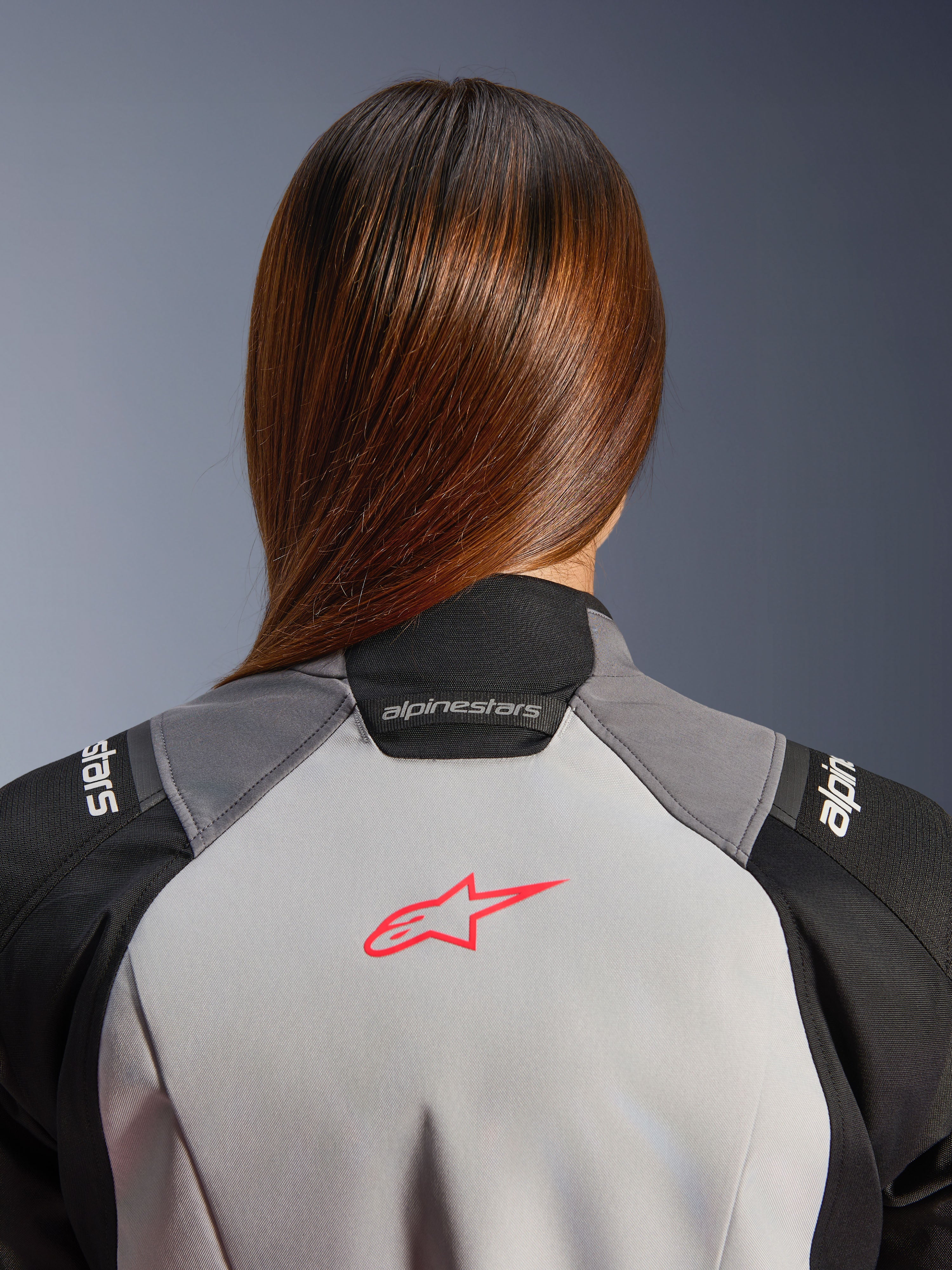 Alpinestars Stella Andes V4 Drystar® Jacket, Women's Adventure Jacket, Ice Gray and Black, Coral Fluo back logo.