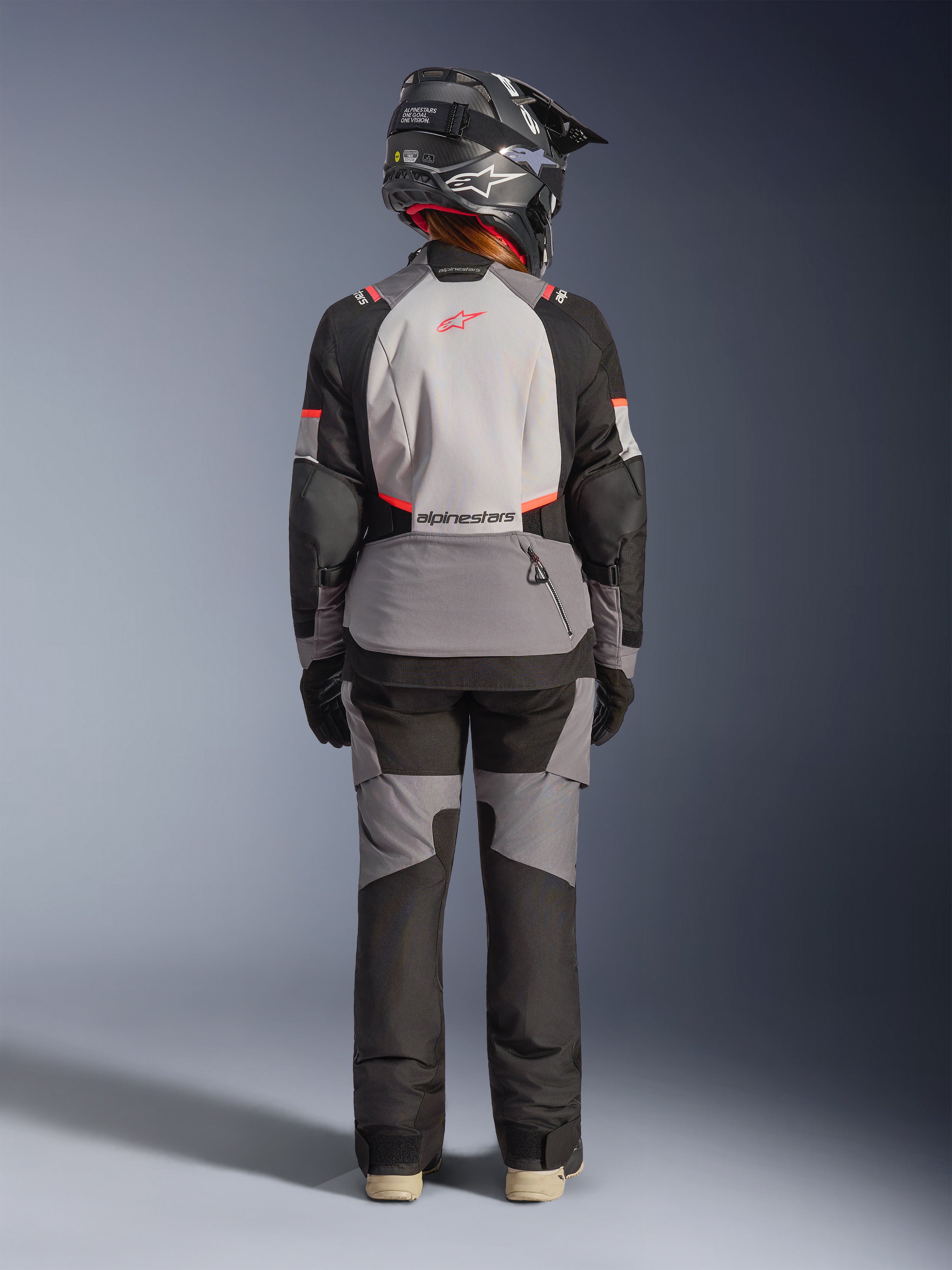 Alpinestars Stella Andes V4 Drystar® Jacket, Women's Adventure Touring, Gray and Black, waterproof textile, back view.