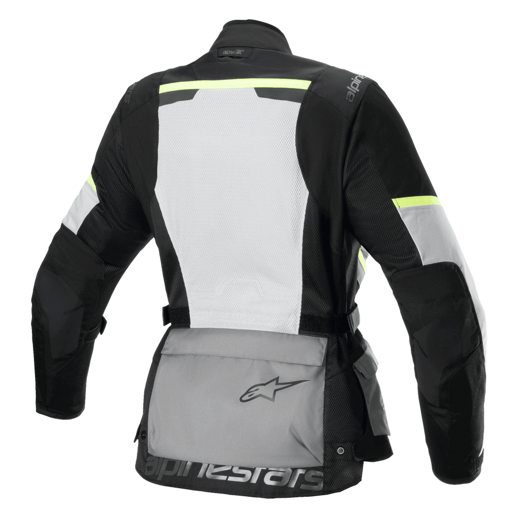 Alpinestars Stella Andes Air Drystar® Jacket, Women's Motorcycle Touring Jacket, Rear view, Ice Gray Dark Gray and Black, featuring a large white mesh back panel, grey rear storage pouch with logo, yellow hi-viz accents, and textile construction for airflow and protection.