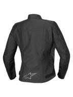 Alpinestars Stella T-SPS V2 Waterproof Jacket, Back View, Black, women's textile motorcycle jacket featuring a reflective logo on the lower back and a sport-contoured silhouette