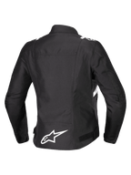 Alpinestars Stella T-SPS V2 Waterproof Jacket, Back View, Women's Textile Motorcycle Jacket, Black with white accents, featuring white Alpinestars star logo on lower back and sporty race-derived silhouette