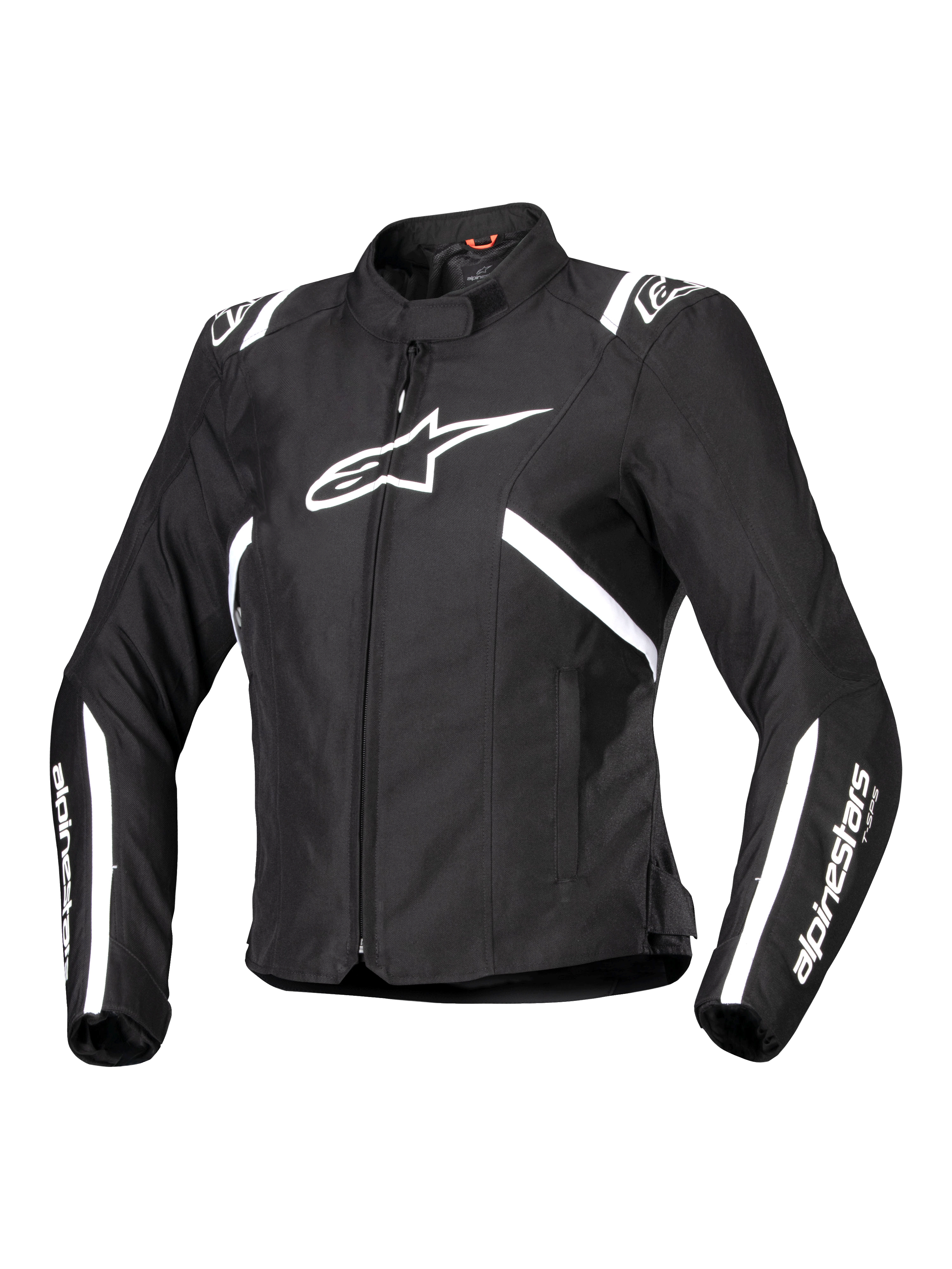 Alpinestars Stella T-SPS V2 Waterproof Jacket, Women's Motorcycle Jacket, Black and White, featuring a large white star logo on the chest, white stripes on the shoulders and sleeves, sleek racing-inspired silhouette, high collar, and durable textile fabric