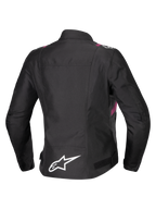 Alpinestars Stella T-SPS V2 Waterproof Jacket, Women's Motorcycle Jacket, Black with White and Diva Pink accents, Rear view showing white star logo on lower back, sport-inspired silhouette with durable textile finish