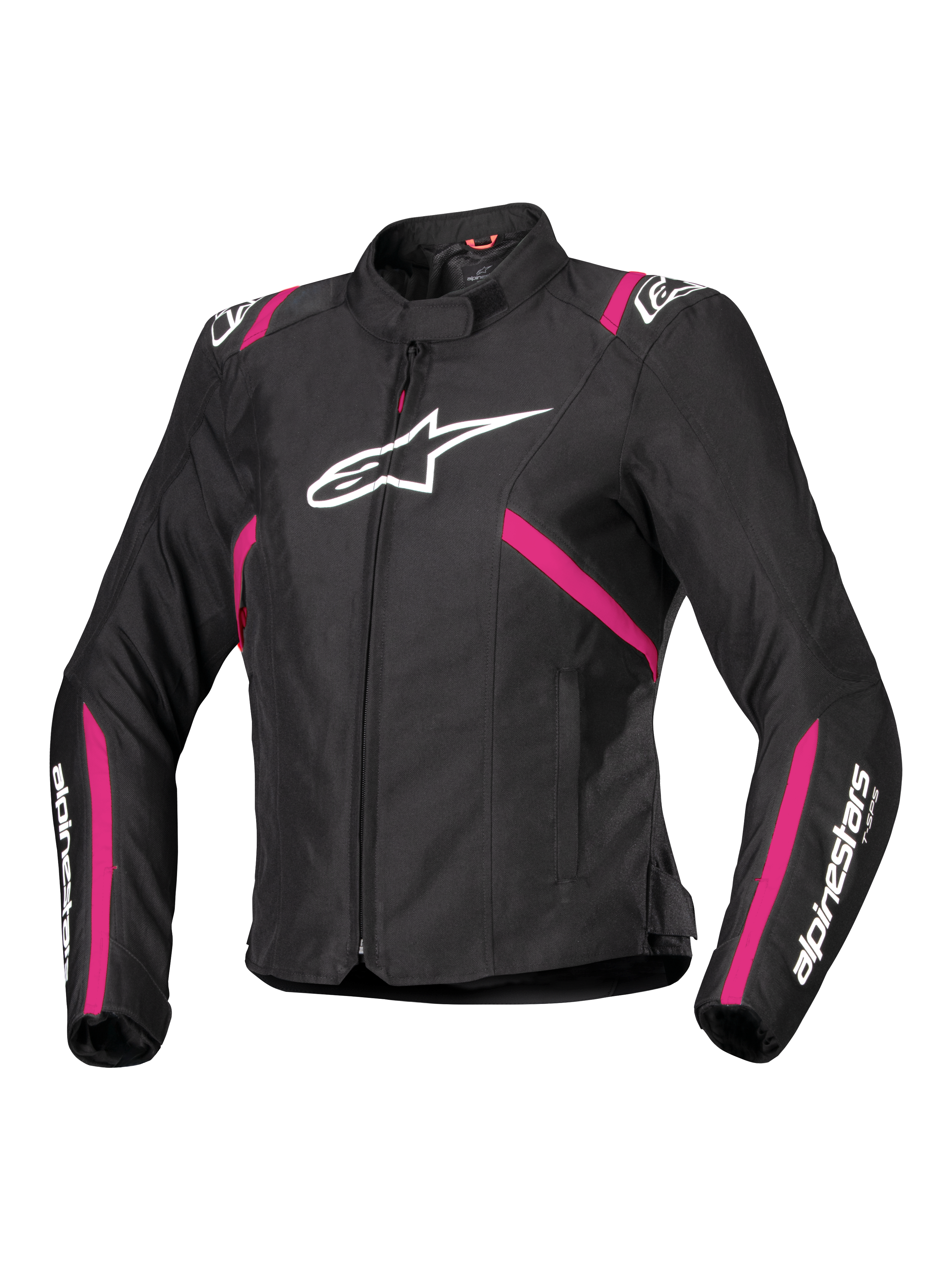 Alpinestars Stella T-SPS V2 Waterproof Jacket, Women's Textile Motorcycle Jacket, Black with Diva Pink and White accents, features large white Alpinestars logo on chest, pink stripes on torso and sleeves, white branding on forearms, sporty fitted design for all-weather riding