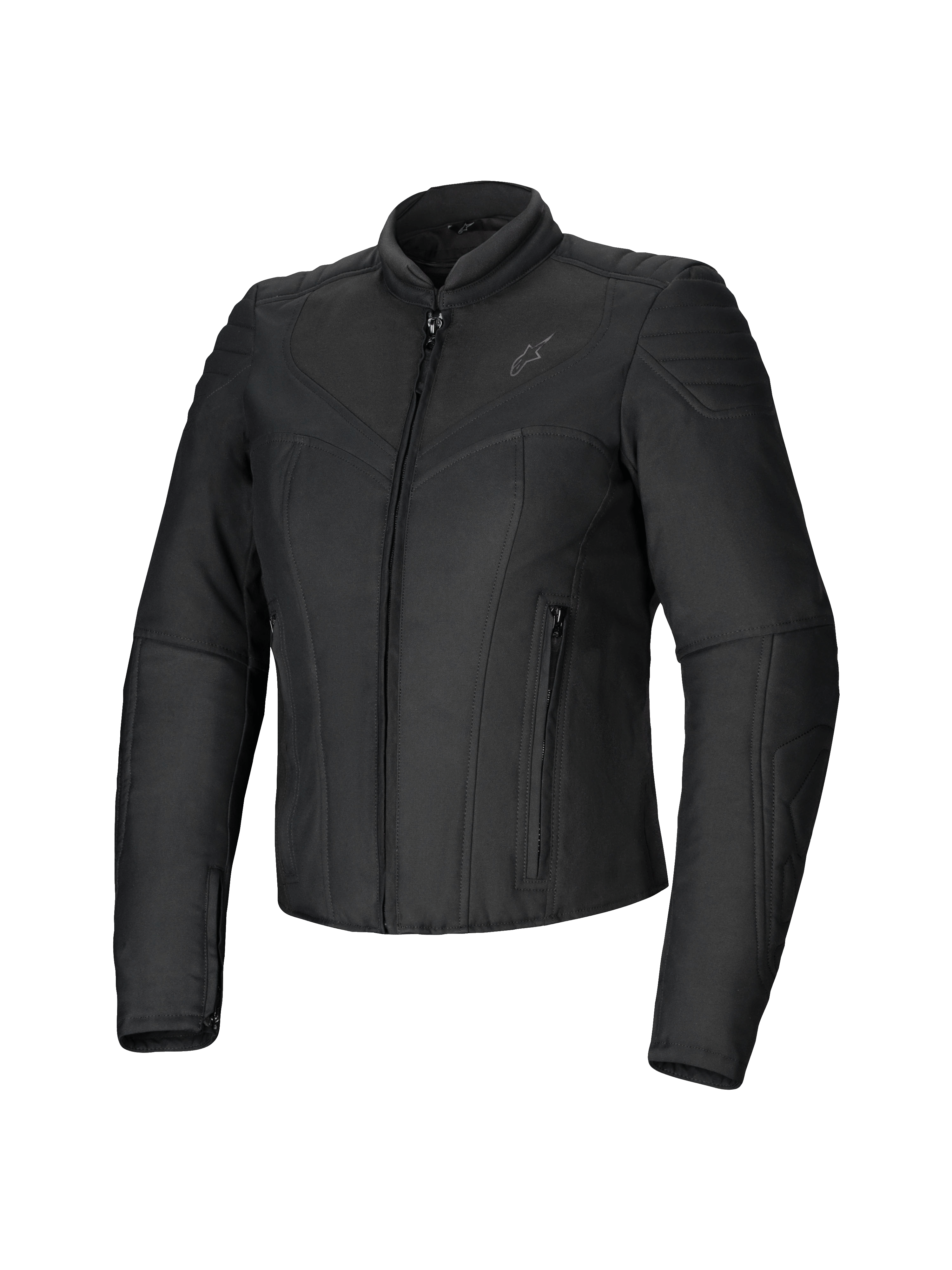 Alpinestars Isla WR Women's Jacket, Black, slim-fit textile motorcycle jacket, matte finish with quilted accents on shoulders and forearms, front zipper closure, two zippered pockets, high biker collar, contemporary urban riding gear