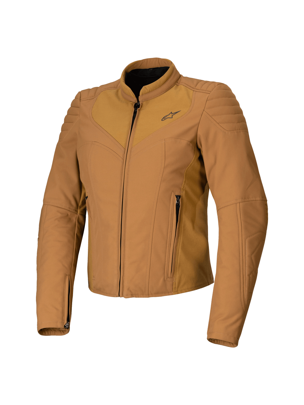 Alpinestars Isla WR Women's Jacket, Utility Brown Light Gold, Tan Women's Motorcycle Jacket, Slim Tailored Fit, High Biker Collar, Quilted Shoulder Detail, Front Zipper with Side Pockets, Technical Urban Riding Gear