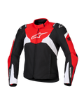 Alpinestars Honda Woman Stella T-Jaws V4 Wp Jacket, Women's Waterproof Sport Motorcycle Jacket, Black with Bright Red and White panels, featuring Honda branding on sleeves and white Alpinestars logo on chest, technical textile construction with a sporty silhouette