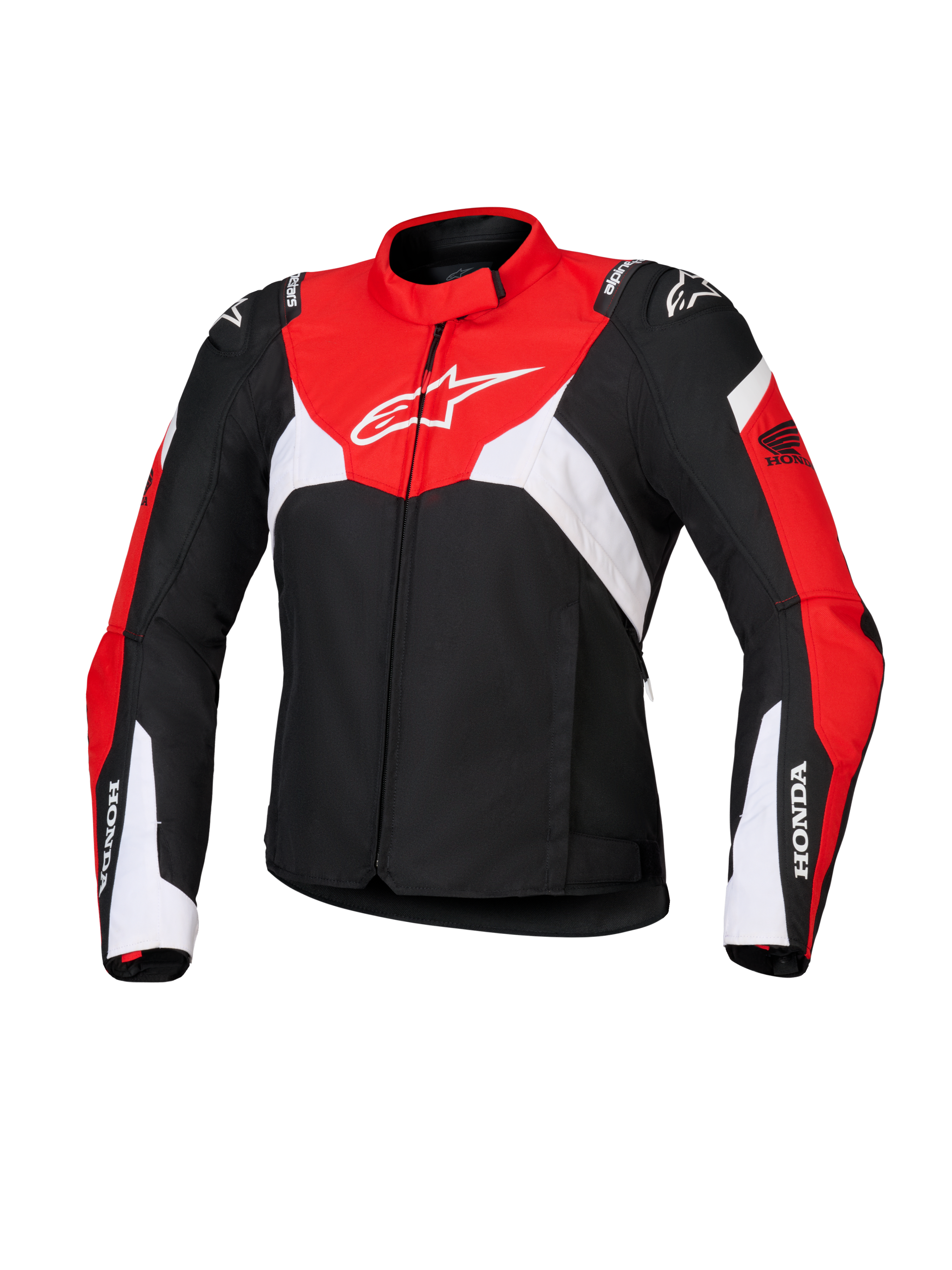 Alpinestars Honda Woman Stella T-Jaws V4 Wp Jacket, Women's Waterproof Sport Motorcycle Jacket, Black with Bright Red and White panels, featuring Honda branding on sleeves and white Alpinestars logo on chest, technical textile construction with a sporty silhouette