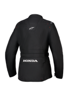 Alpinestars Honda Stella ST-1 WP Jacket, Women's Waterproof Motorcycle Jacket, Black, Rear view showing large white Honda logo on the lower back cargo pocket, Alpinestars logo on upper back, technical textile construction with adventure touring silhouette and red stitching details.