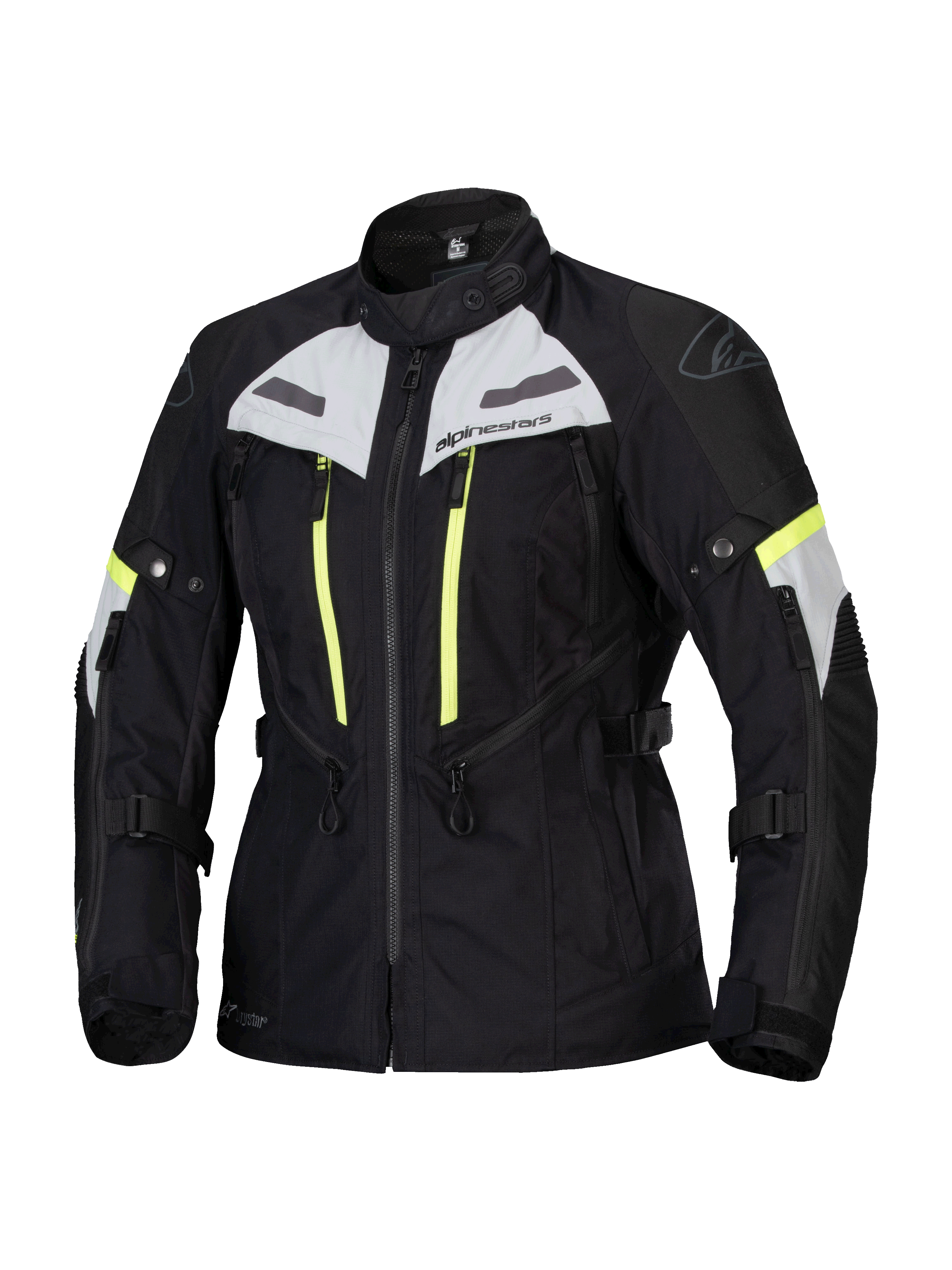 Alpinestars Stella Bogota Pro Drystar Jacket, Women's Motorcycle Touring Jacket, Black with Ice Gray and Yellow Fluo accents, waterproof and breathable textile construction, featuring extensive ventilation zippers and adjustable straps for adventure riding