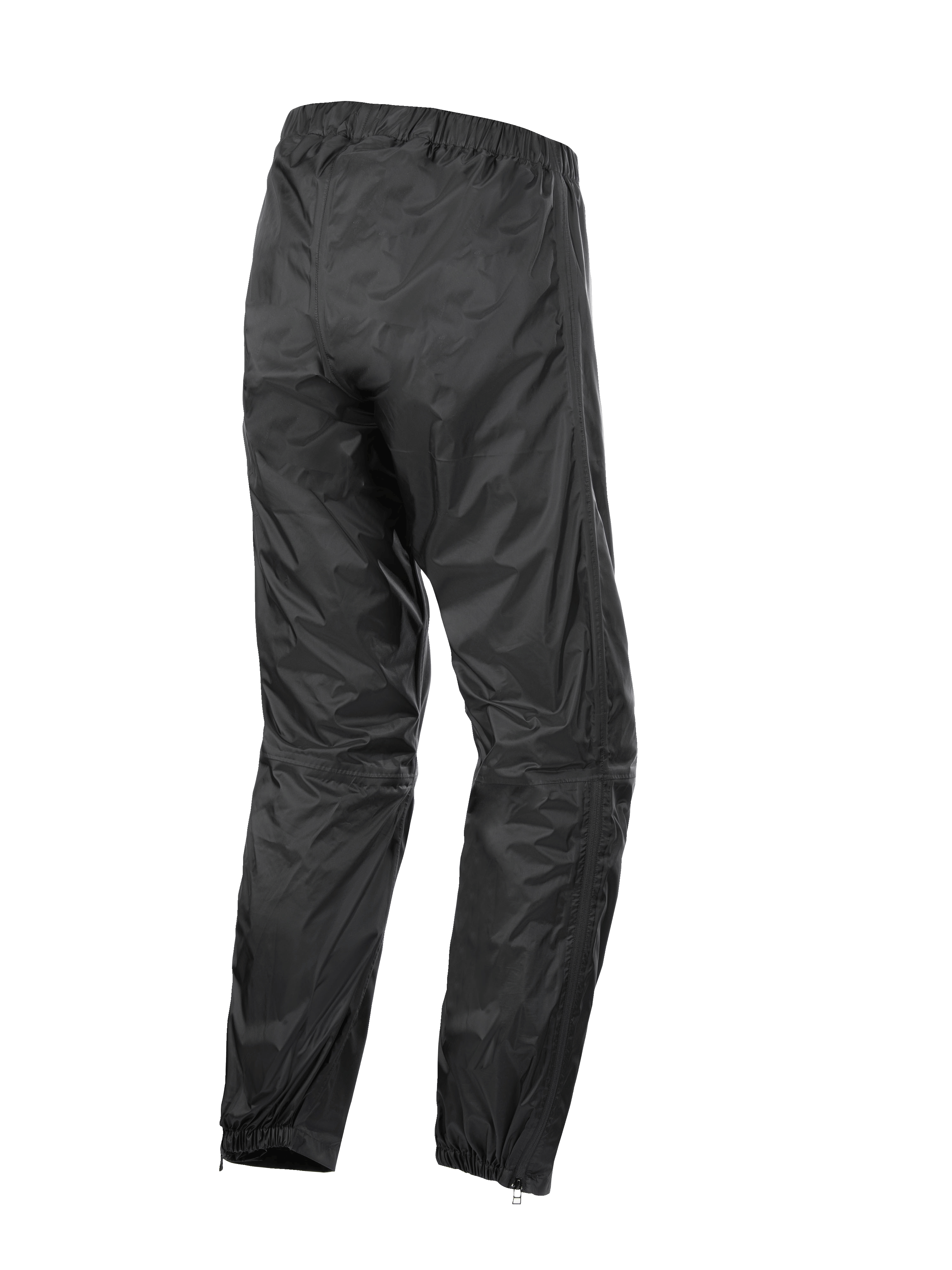 Alpinestars Hurricane Rain V2 Pant, Waterproof Motorcycle Overpants, Black, back view showing elasticated waistband and cuffs, lightweight wind-resistant laminated fabric with lower leg zippers for easy boot access, protective gear for road and adventure touring
