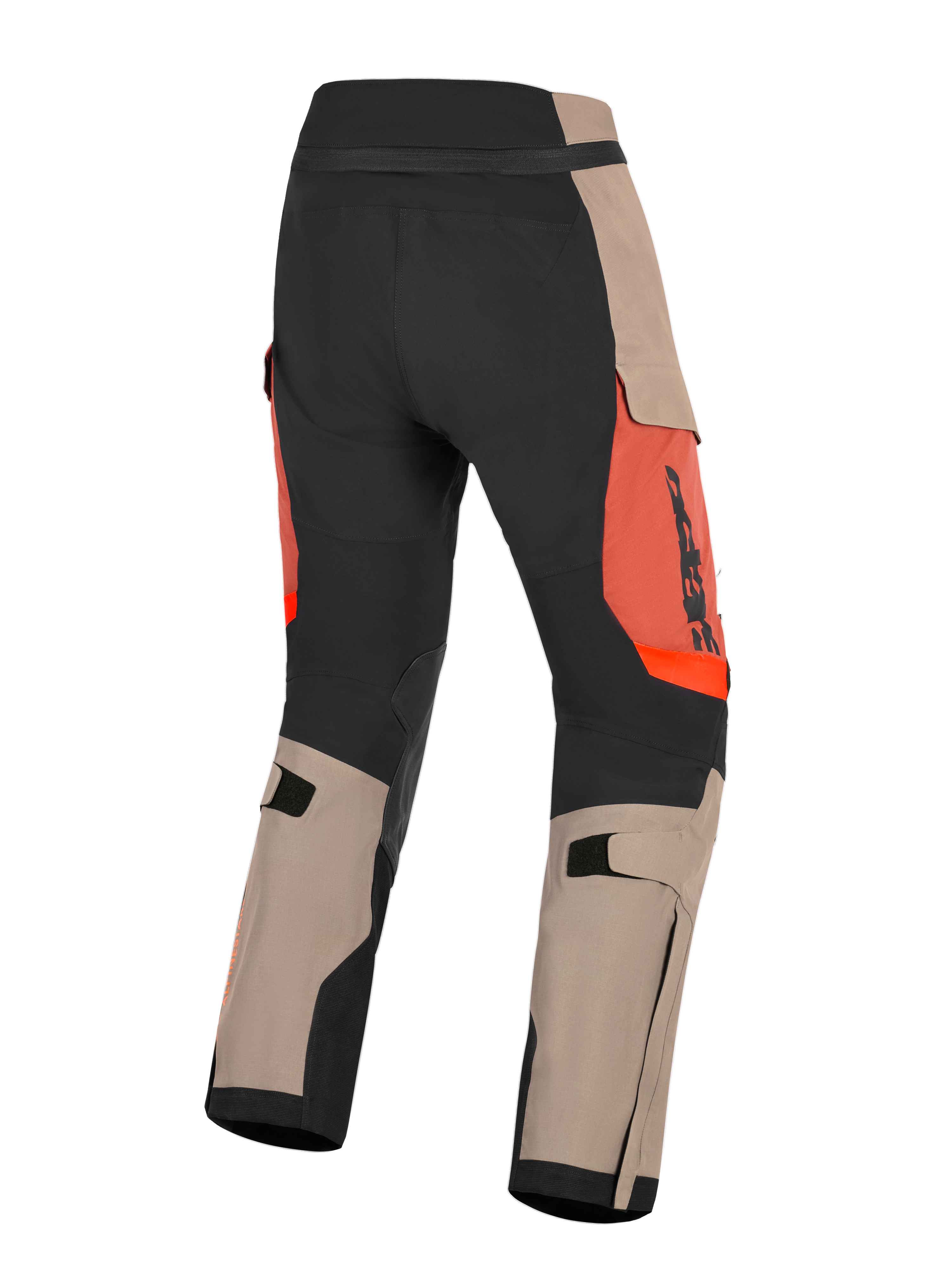 Alpinestars Halo Pro Drystar® XF Laminated Pants, Walnut Rust and Black, rear view of adventure motorcycle pants, featuring walnut tan and black panels with rust orange accents, adjustable calf straps, and durable construction for all-terrain riding.