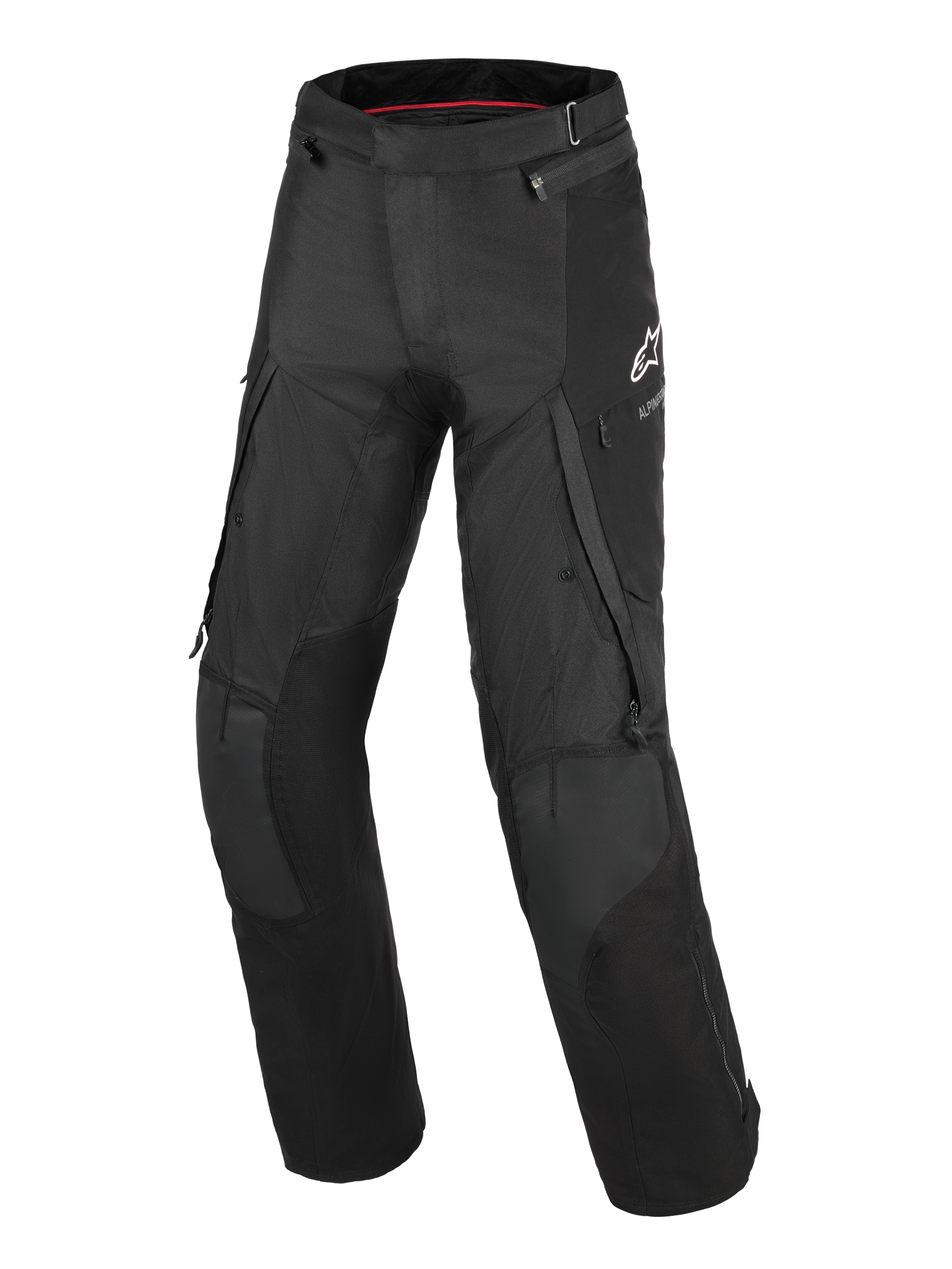 Alpinestars Andes V4 Drystar® Pants - Long, Black motorcycle adventure-touring pants, featuring large cargo pockets, reinforced knee panels, zippered ventilation on thighs, and a white Alpinestars logo on the left thigh.