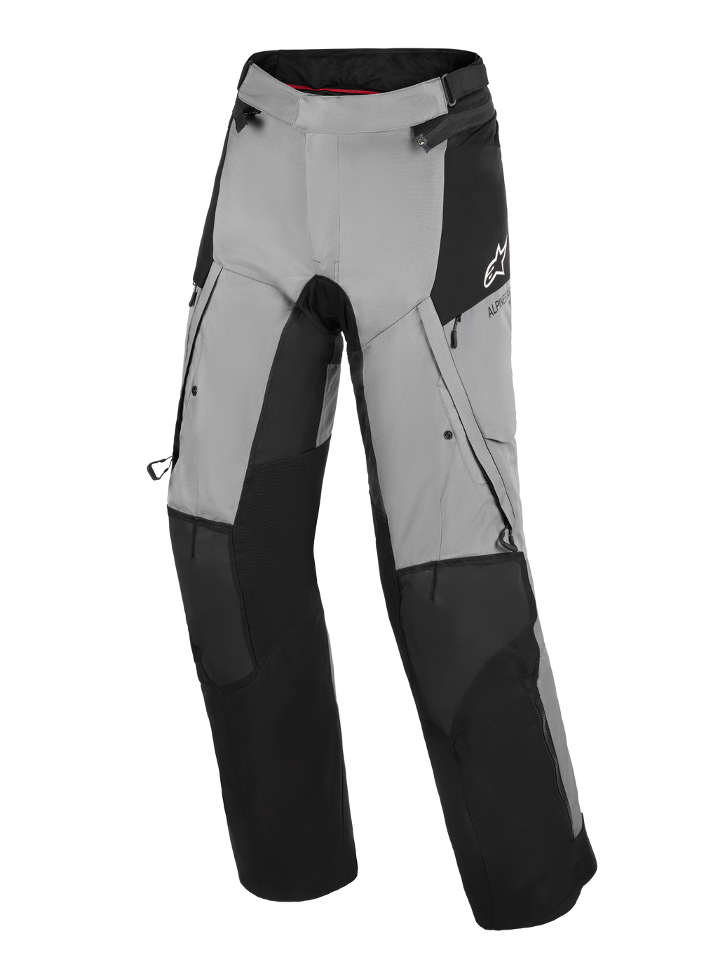 Alpinestars Andes V4 Drystar® Pants, Adventure Motorcycle Pants, Black and Dark Gray, featuring reinforced black knee and shin panels, zippered thigh vents, and cargo pockets, with a white Alpinestars logo on the hip, designed for all-weather road and adventure riding.