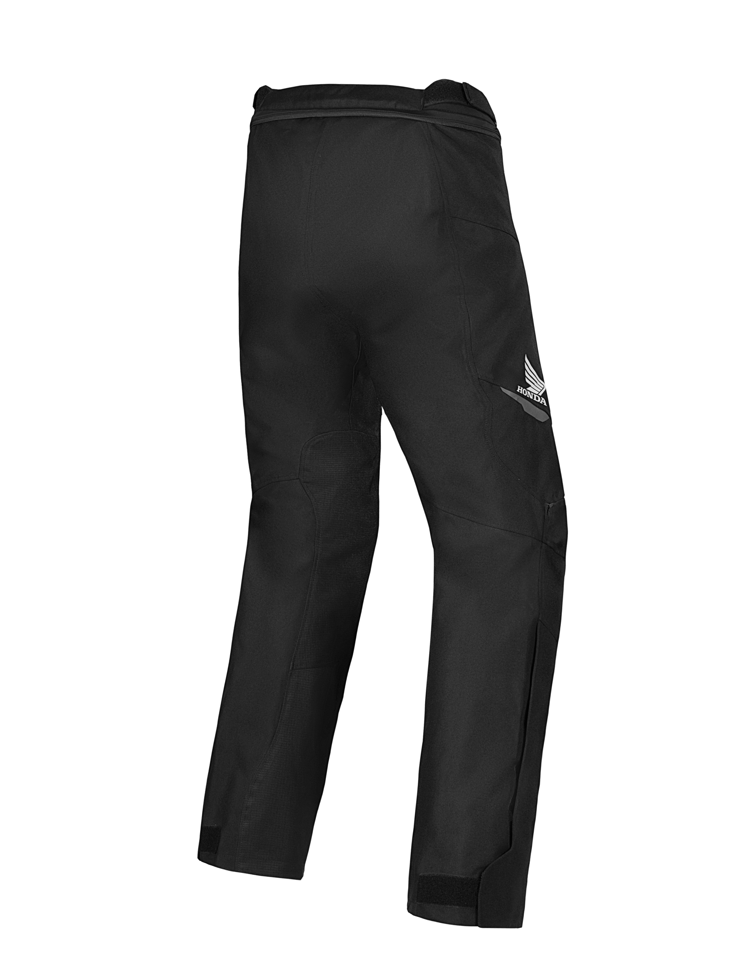 Alpinestars Honda ST-1 Waterproof Pants, Motorcycle Touring Pants, Black, back view showing Honda wing logo on the thigh, streamlined textile design with ergonomic mobility and waist connection zipper.