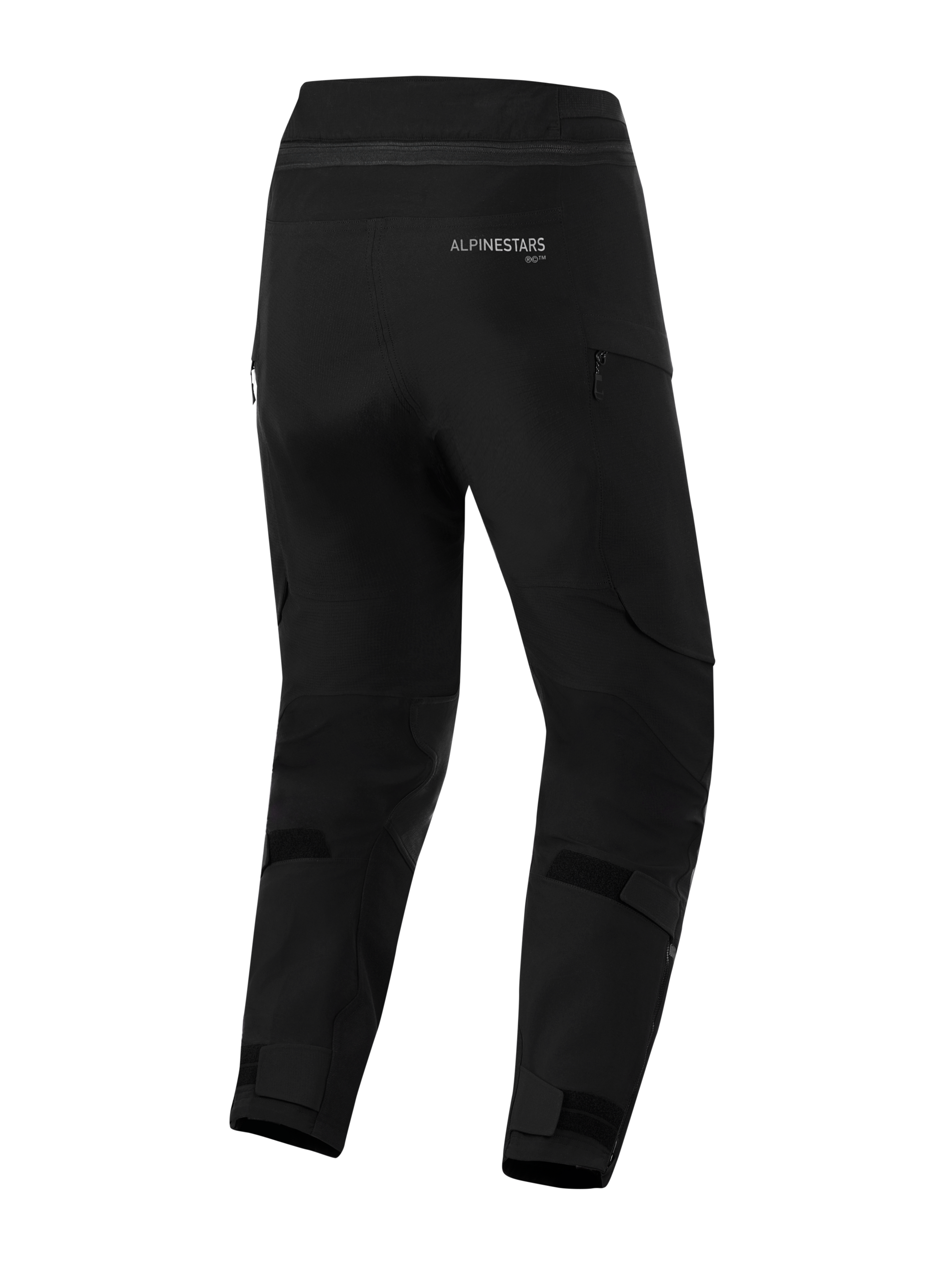 Alpinestars Andes Pro Drystar® XF Pants, Black, rear view, adventure motorcycle pants featuring Alpinestars branding on the upper back, adjustable velcro straps on calves and ankles, jacket-to-pant connection zipper, and zippered hip pockets, designed for all-season touring protection