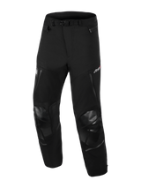 Alpinestars Andes Pro Drystar® XF Pants, Black and Dark Gray, technical textile motorcycle pants for adventure riding, featuring reinforced knee sections, waterproof zippered pockets, and adjustable waist strap, front three-quarter angle