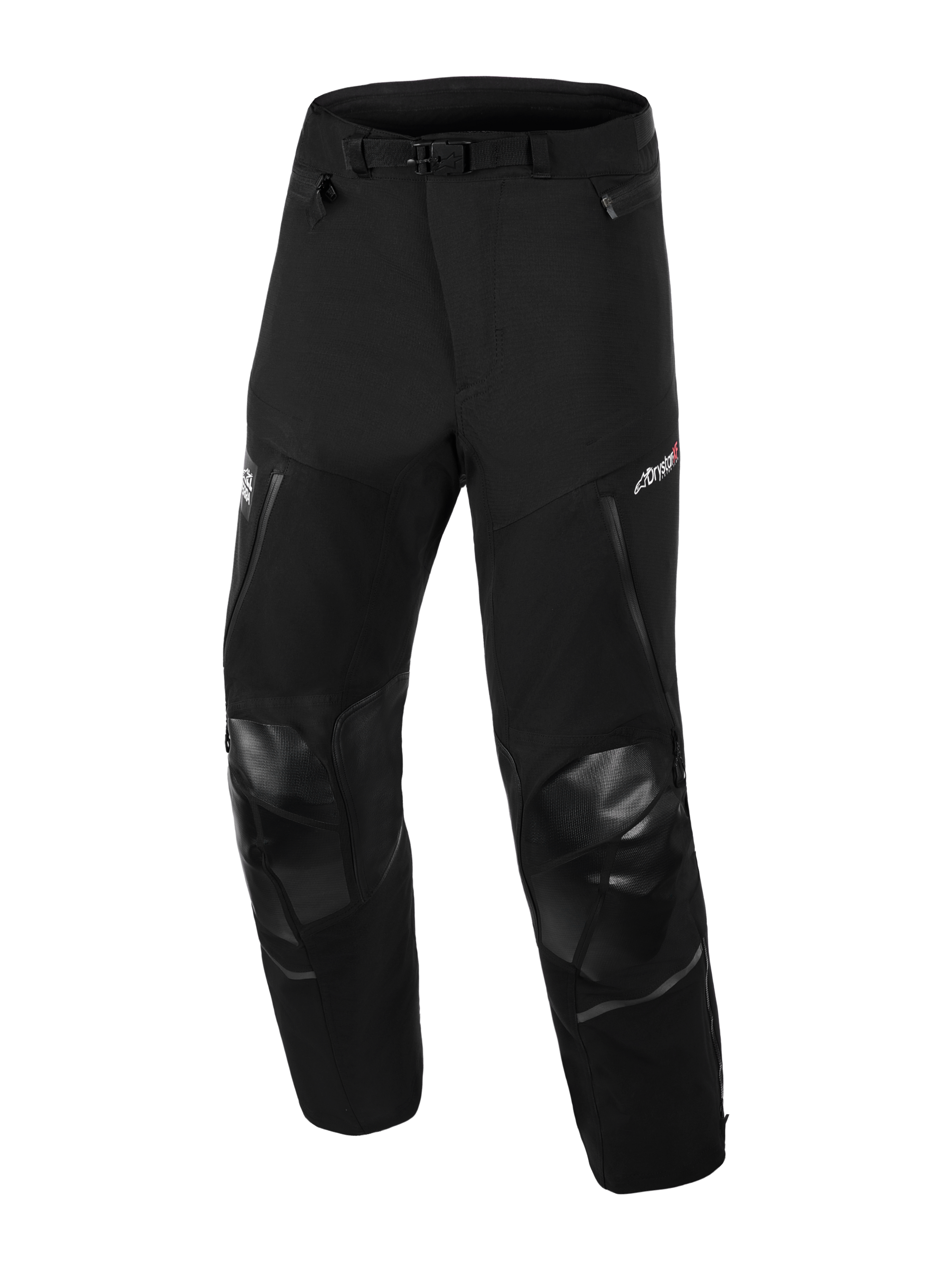Alpinestars Andes Pro Drystar® XF Pants, Black and Dark Gray, technical textile motorcycle pants for adventure riding, featuring reinforced knee sections, waterproof zippered pockets, and adjustable waist strap, front three-quarter angle