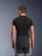 Alpinestars Andes Pro Drystar® XF Pants, Adventure Motorcycle Pants, Dark Gray and Black, rear view showing waist construction and gray side panels, worn with a black base layer top featuring red stitching, technical all-weather touring gear.