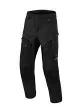 Alpinestars Cusco Drystar® Pants, Adventure Motorcycle Pants, Black, front view, featuring zippered thigh ventilation panels, durable textile ripstop construction, and ergonomic design for road and adventure touring