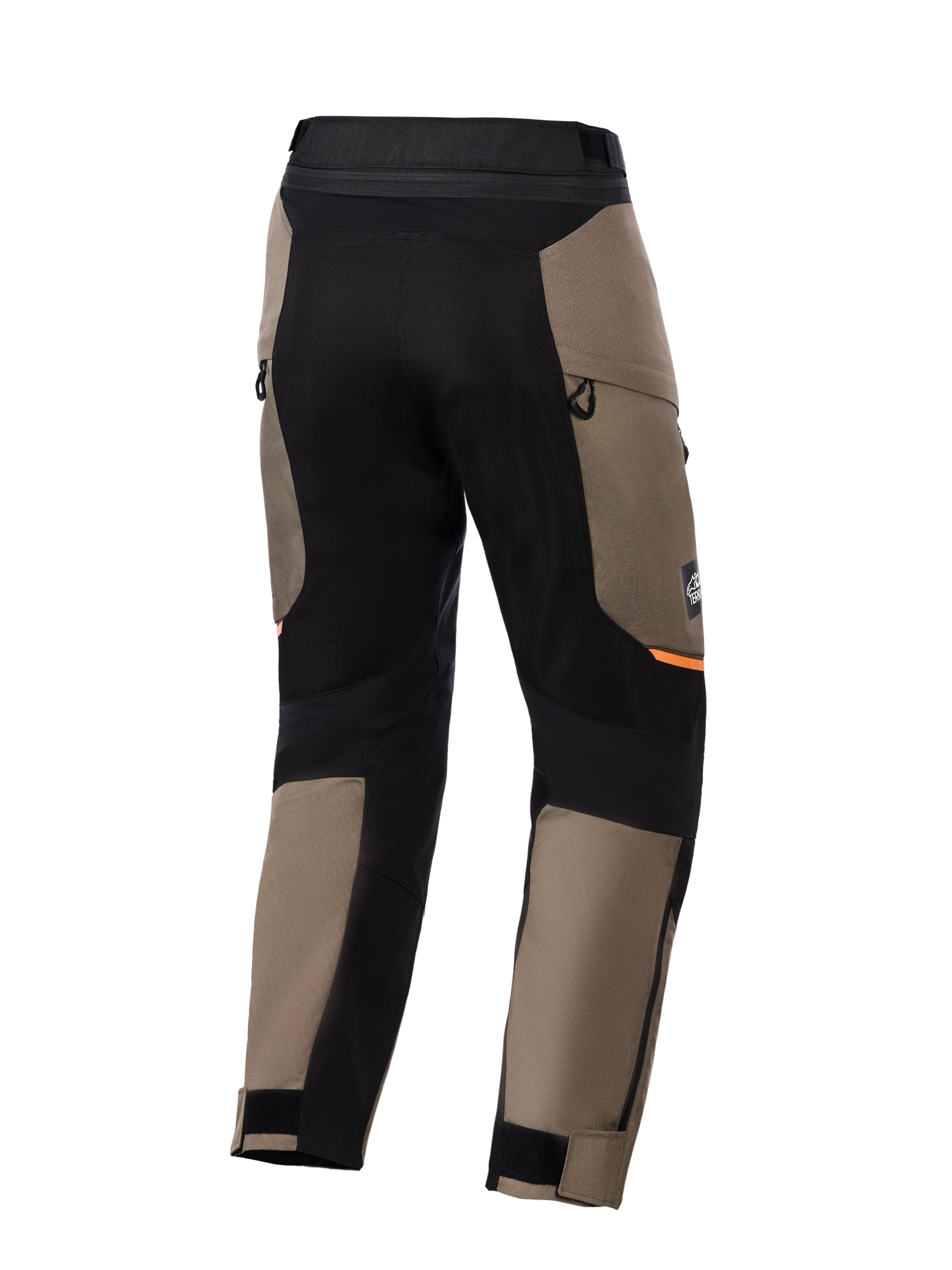 Alpinestars Cusco Drystar® Pants, Adventure Motorcycle Pants, Walnut Brown and Black, back view featuring black stretch panels, orange accents, zippered vents, and adjustable velcro cuffs for road riding.