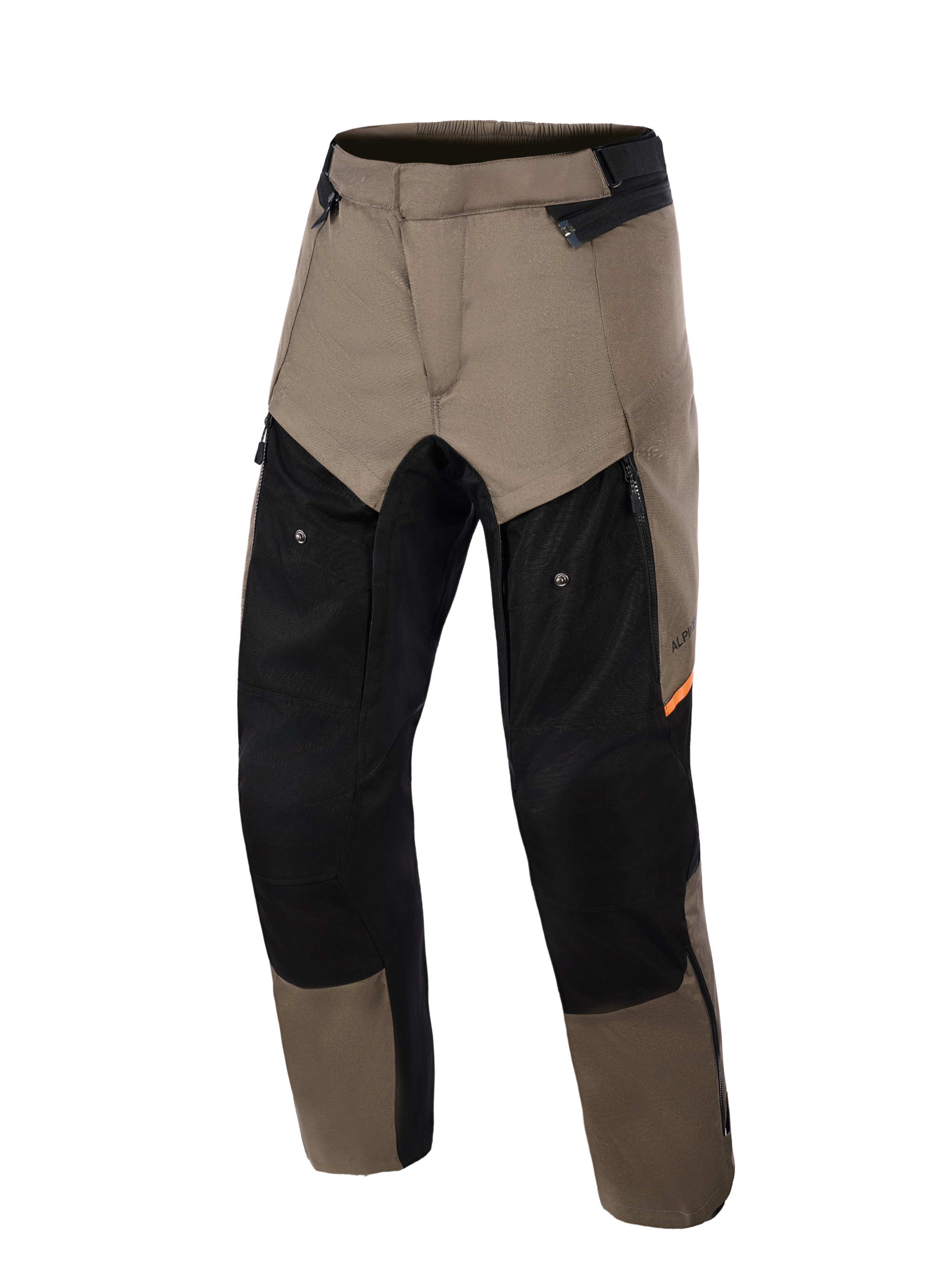 Alpinestars Cusco Drystar® Pants, Walnut Black adventure motorcycle pants, front view, featuring walnut brown and black panels with orange accents, large zippered thigh ventilation, and durable textile construction.