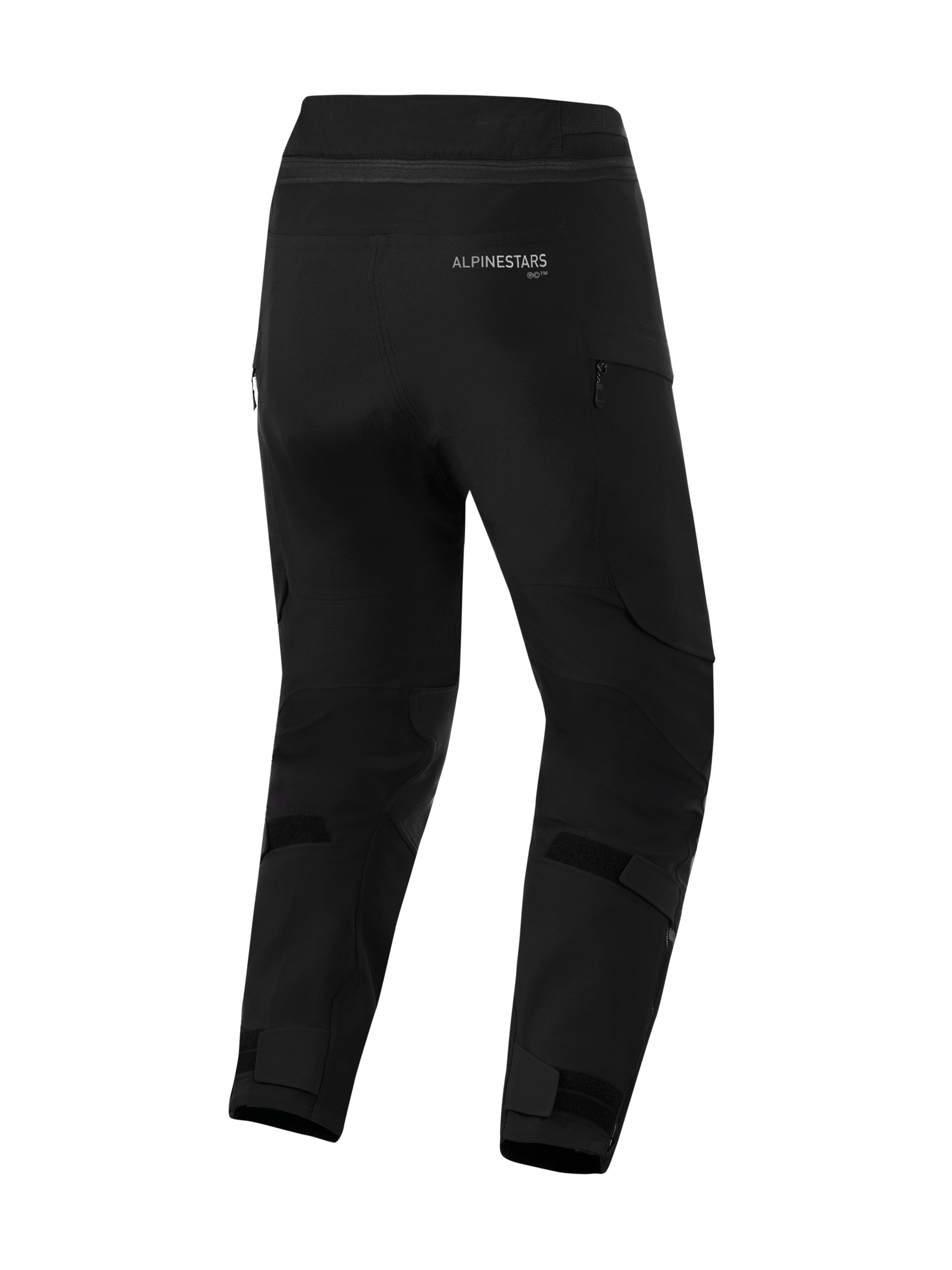 Alpinestars Andes Pro Drystar® XF Pants - Short, Black motorcycle pants, Rear view featuring Alpinestars branding, adjustable velcro straps on the calves and ankles, zippered vents, and durable textile construction for adventure touring.