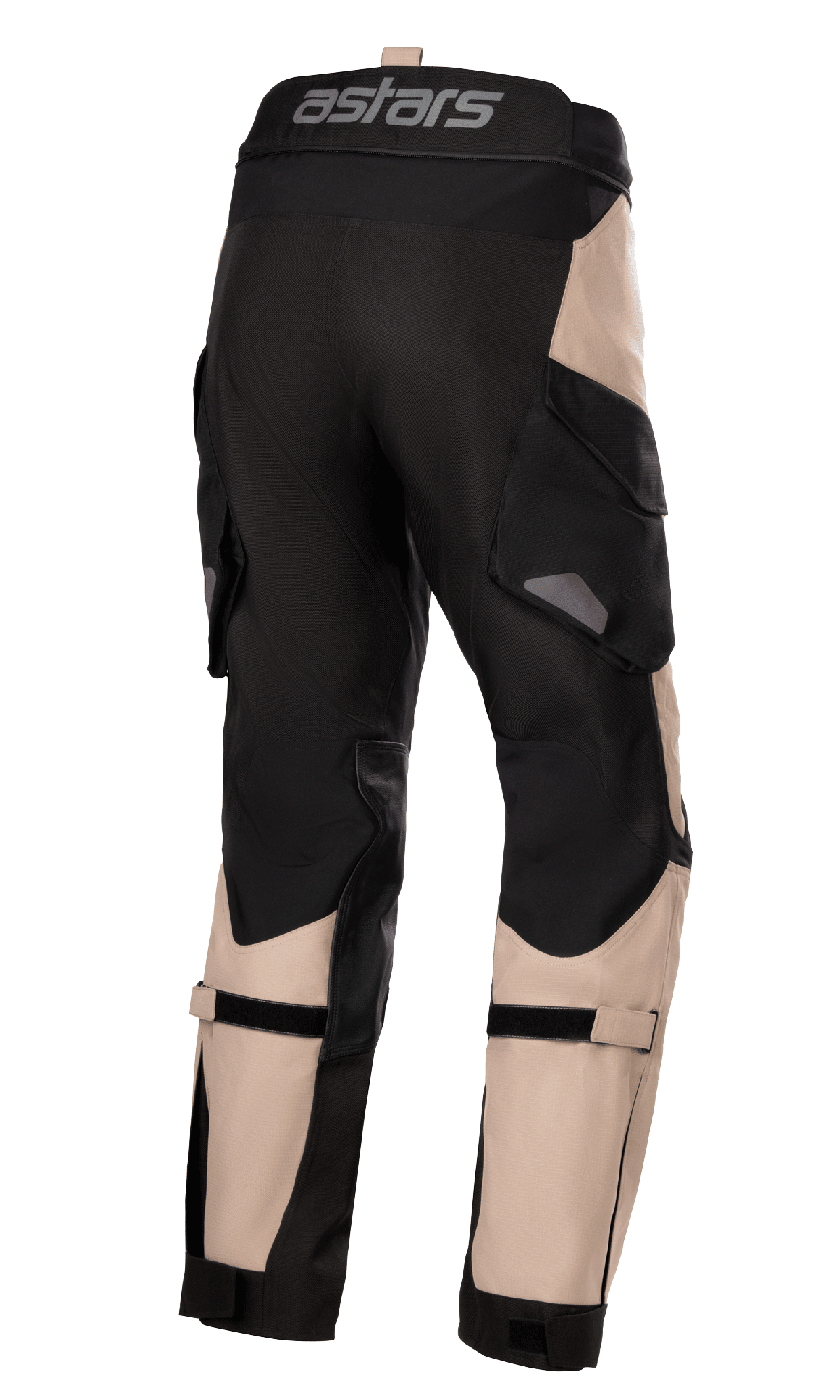 Alpinestars Halo Drystar® Pants, Adventure Touring Pants, Dark Khaki and Black, rear view showing 'astars' branding on the waistband, large cargo pockets, and adjustable calf straps, durable textile design for multi-season motorcycling