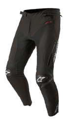 Alpinestars T-SP R Drystar Pants, Black Textile Motorcycle Sport-Touring Pants, featuring reinforced knee pads with white star logos, red Drystar branding on the hip, zippered thigh vents, and adjustable buckle waist, designed with an articulated race-inspired fit.
