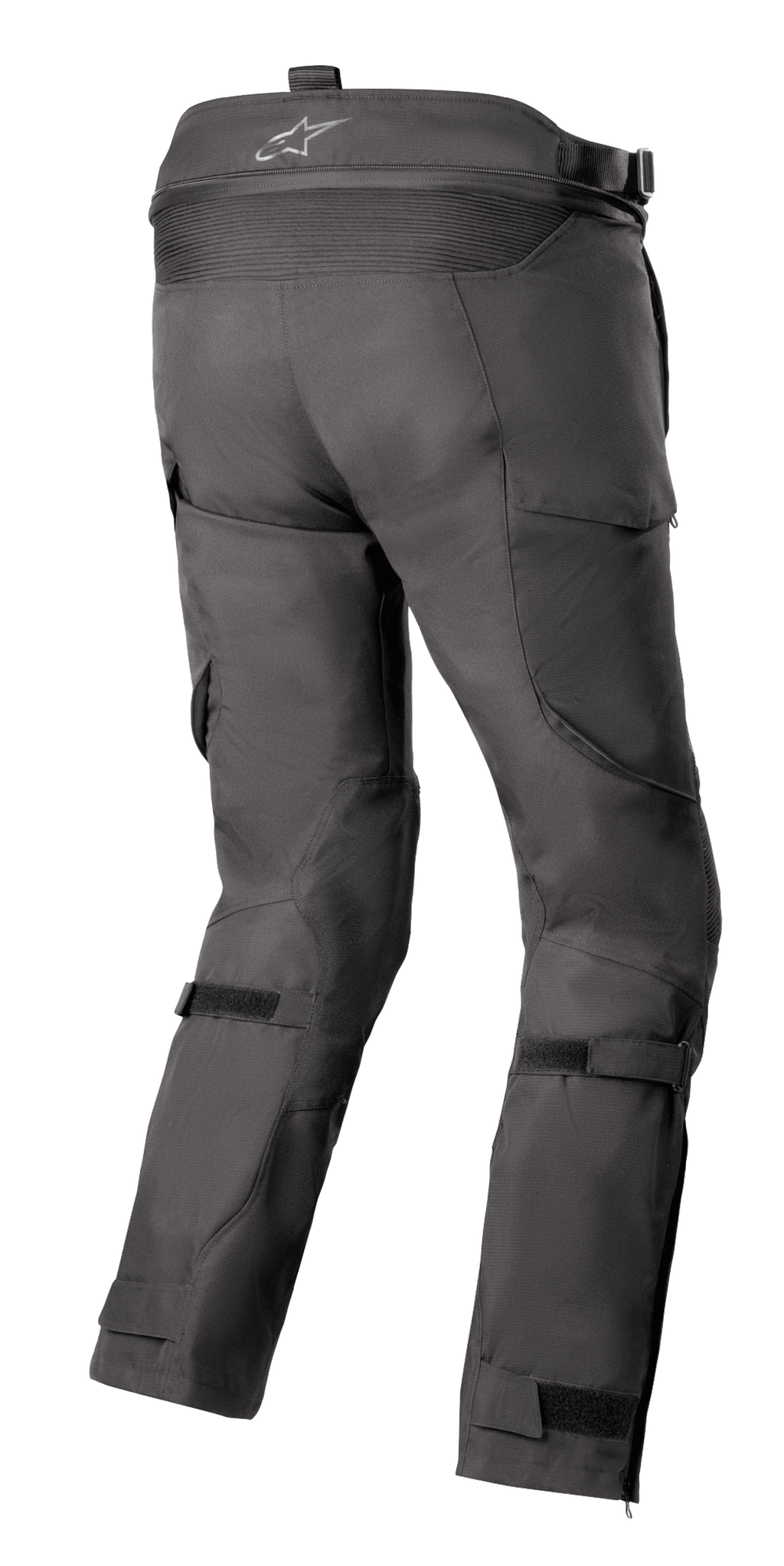 Alpinestars Bogota' Pro Drystar® 4 Seasons Pants, Black, Rear view of adventure touring motorcycle pants showing logo on the waistband, accordion stretch panels, and adjustable leg straps