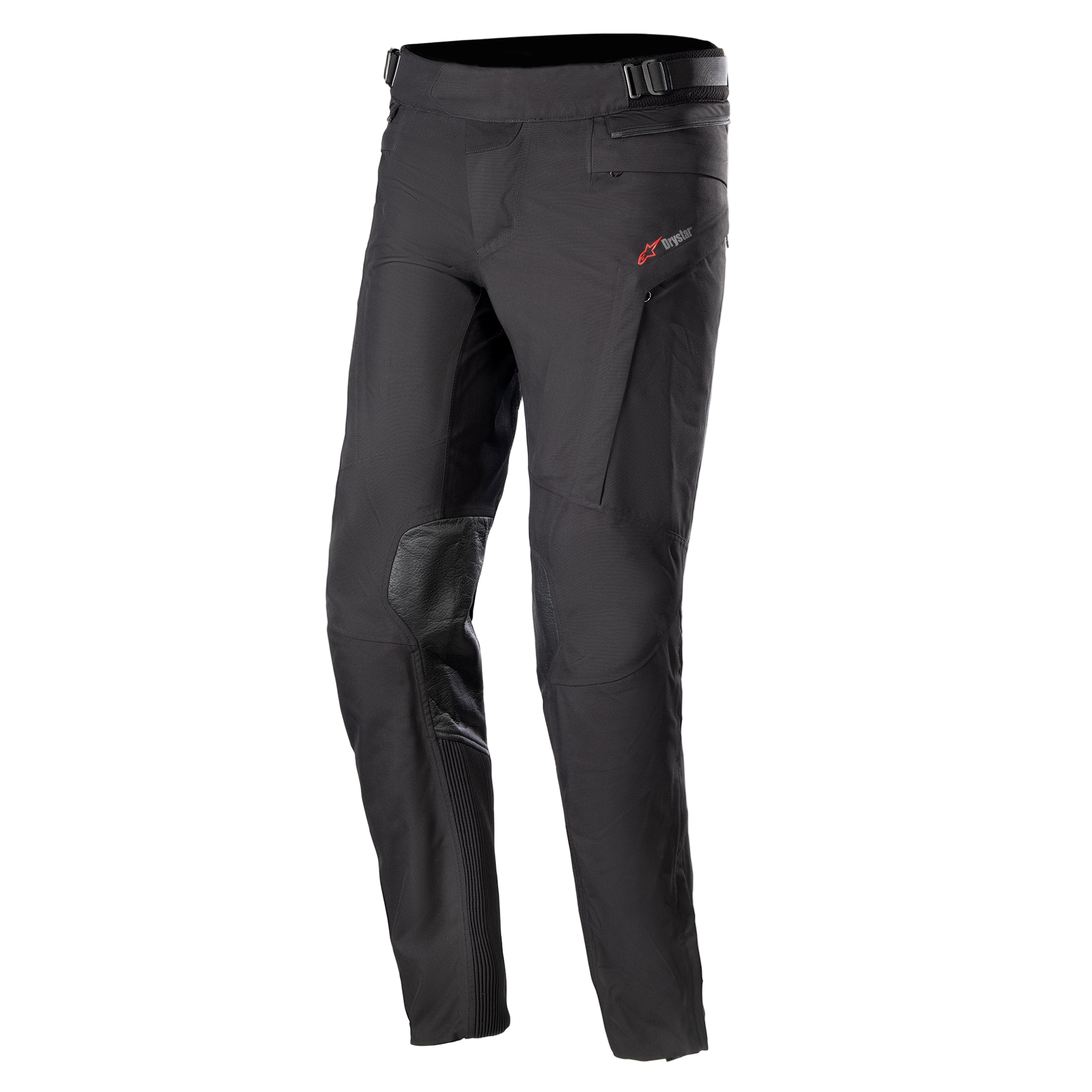 Alpinestars AMT-10 Drystar® XF Pants, Motorcycle Touring Pants, Black, featuring red logo on hip, reinforced knee panels, accordion stretch on lower legs, adjustable waist and zippered pockets, technical textile design for adventure riding