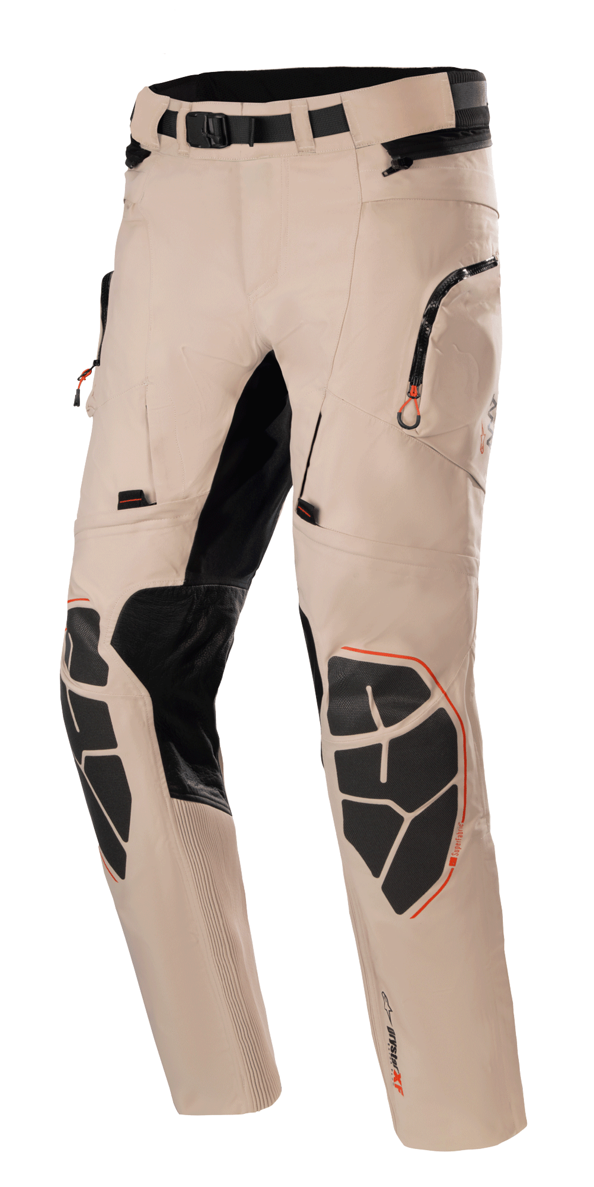 Alpinestars AMT-10R Drystar Xf Pants, Motorcycle Adventure Touring Pants, Pale Brown with black and orange accents, waterproof breathable construction, reinforced Superfabric knee pads, adjustable waist belt, zippered pockets, stretch panels for flexibility