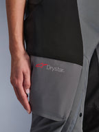 Alpinestars Stella Andes V4 Drystar® Pants, Women's Adventure-Touring Pants, Black and Dark Gray, detail of the thigh area showing the Drystar logo and red Alpinestars star on reinforced textile panels