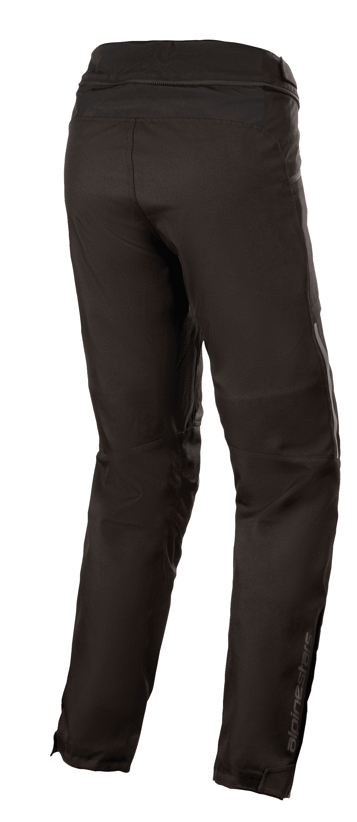 Alpinestars Stella AST-1 V2 Waterproof Pants, Women's Textile Motorcycle Pants, Black, rear three-quarter view showing waist connection zipper, pre-curved legs, and reflective Alpinestars logo on the lower calf