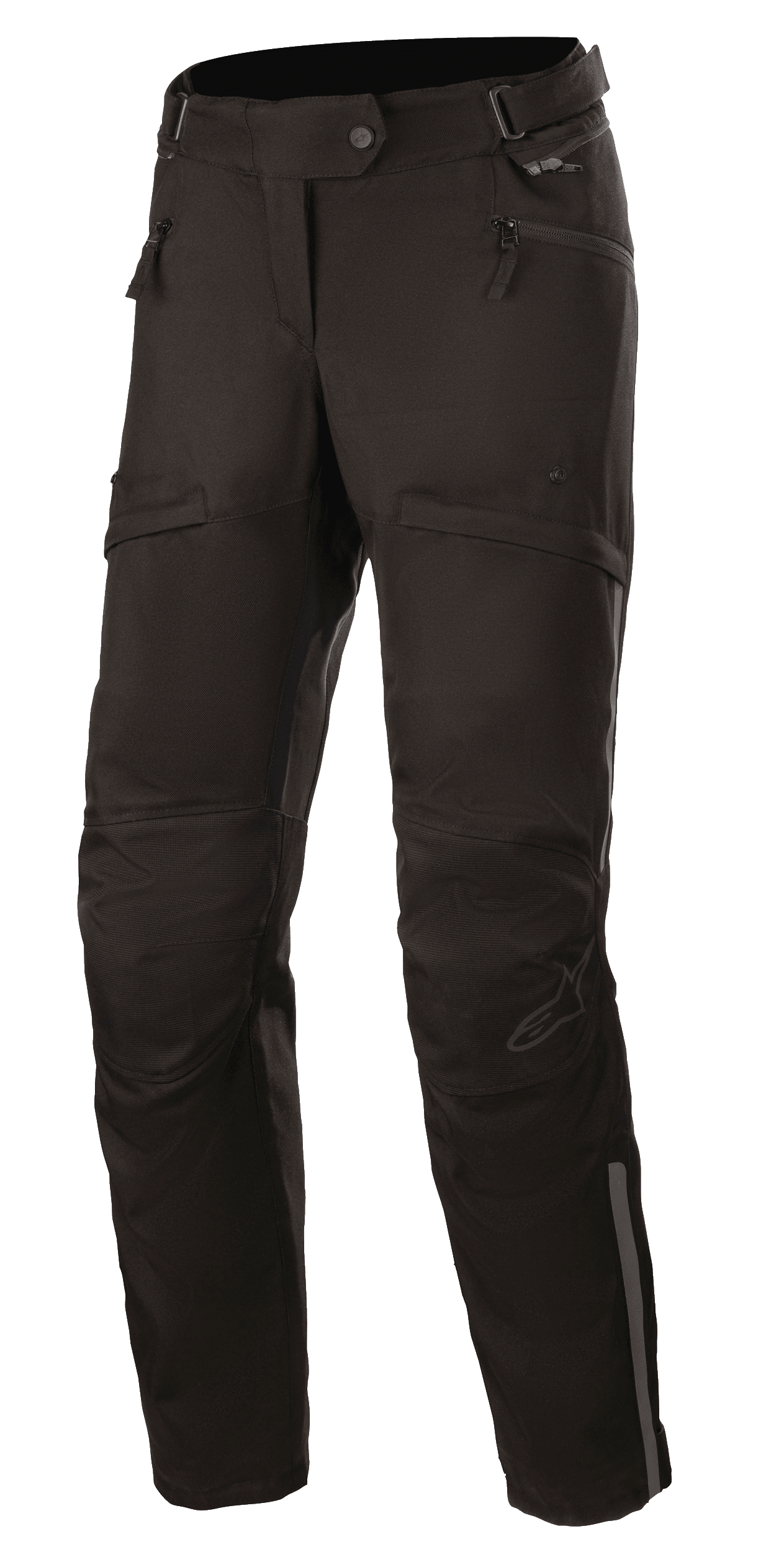 Alpinestars Stella AST-1 V2 Waterproof Pants, Women's Motorcycle Touring Pants, Black, featuring zippered hand pockets, reinforced knee panels, adjustable waist belt, and reflective accents.