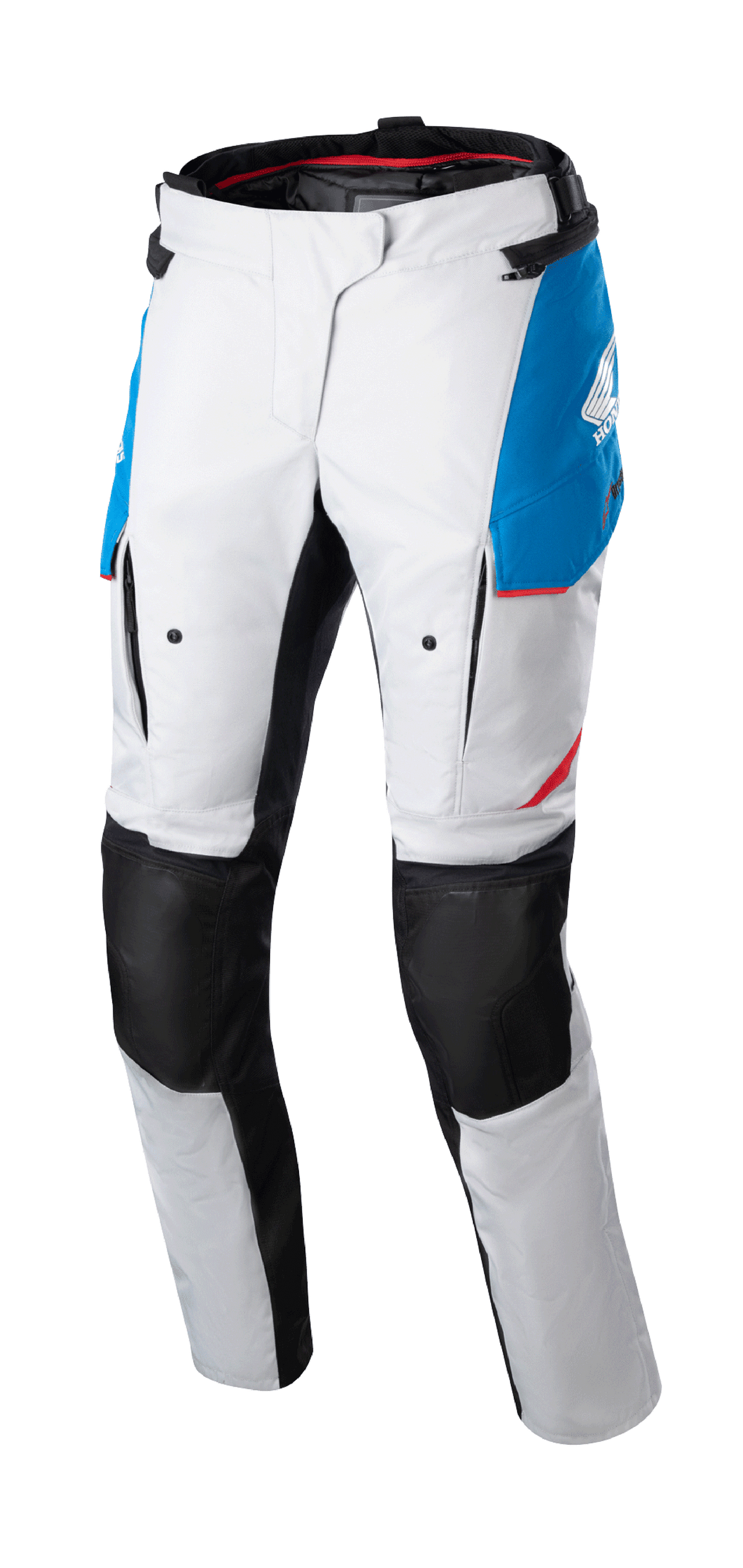 Alpinestars Women Stella Honda Andes V3 Drystar® Pants, Motorcycle Touring Pants, Ice Gray with Blue and Bright Red accents, black reinforced knee panels, featuring cargo pockets and Honda branding, waterproof adventure riding design