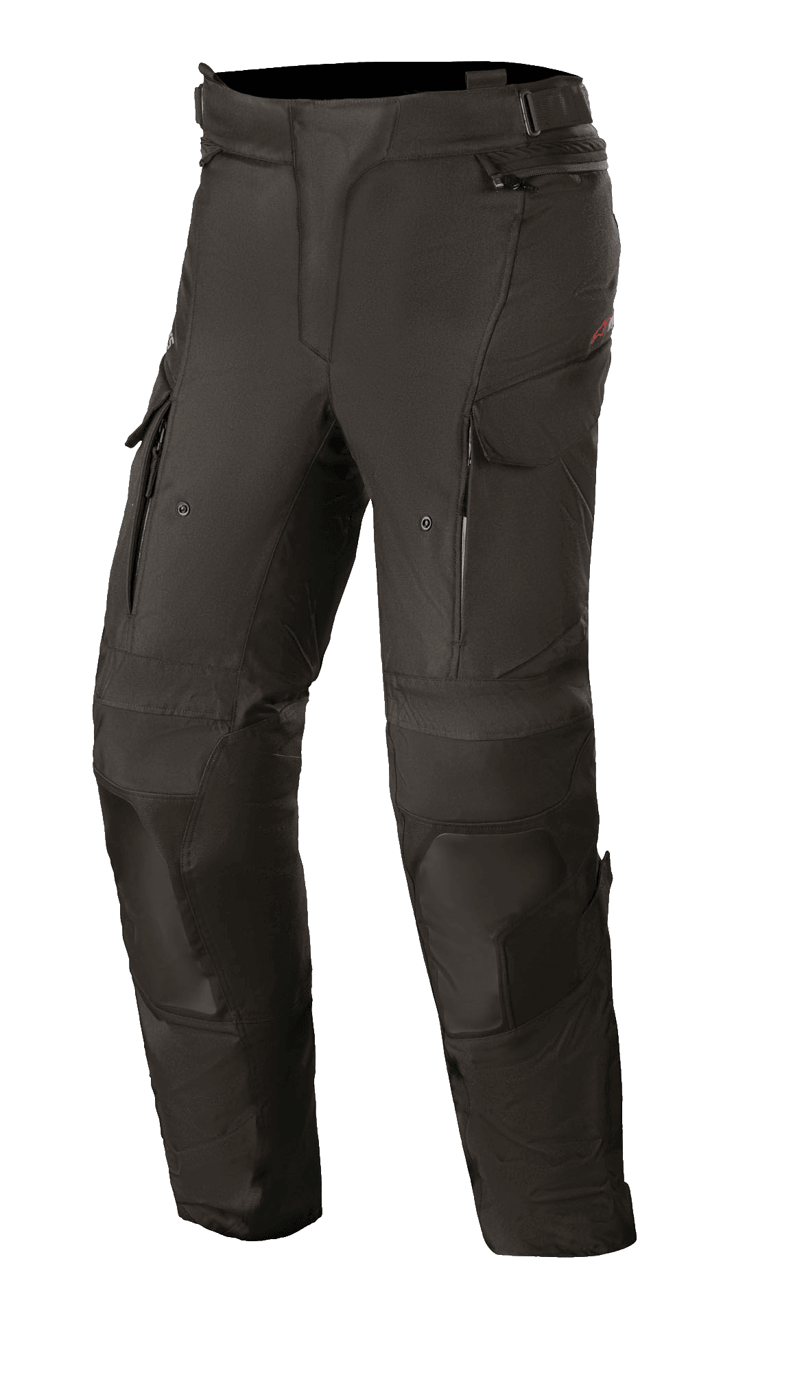 Alpinestars Women Stella Andes V3 Drystar Pants, Black motorcycle touring pants, waterproof and breathable textile construction, reinforced knee and thigh panels, zippered thigh vents, cargo pockets, and adjustable waistband for adventure riding.