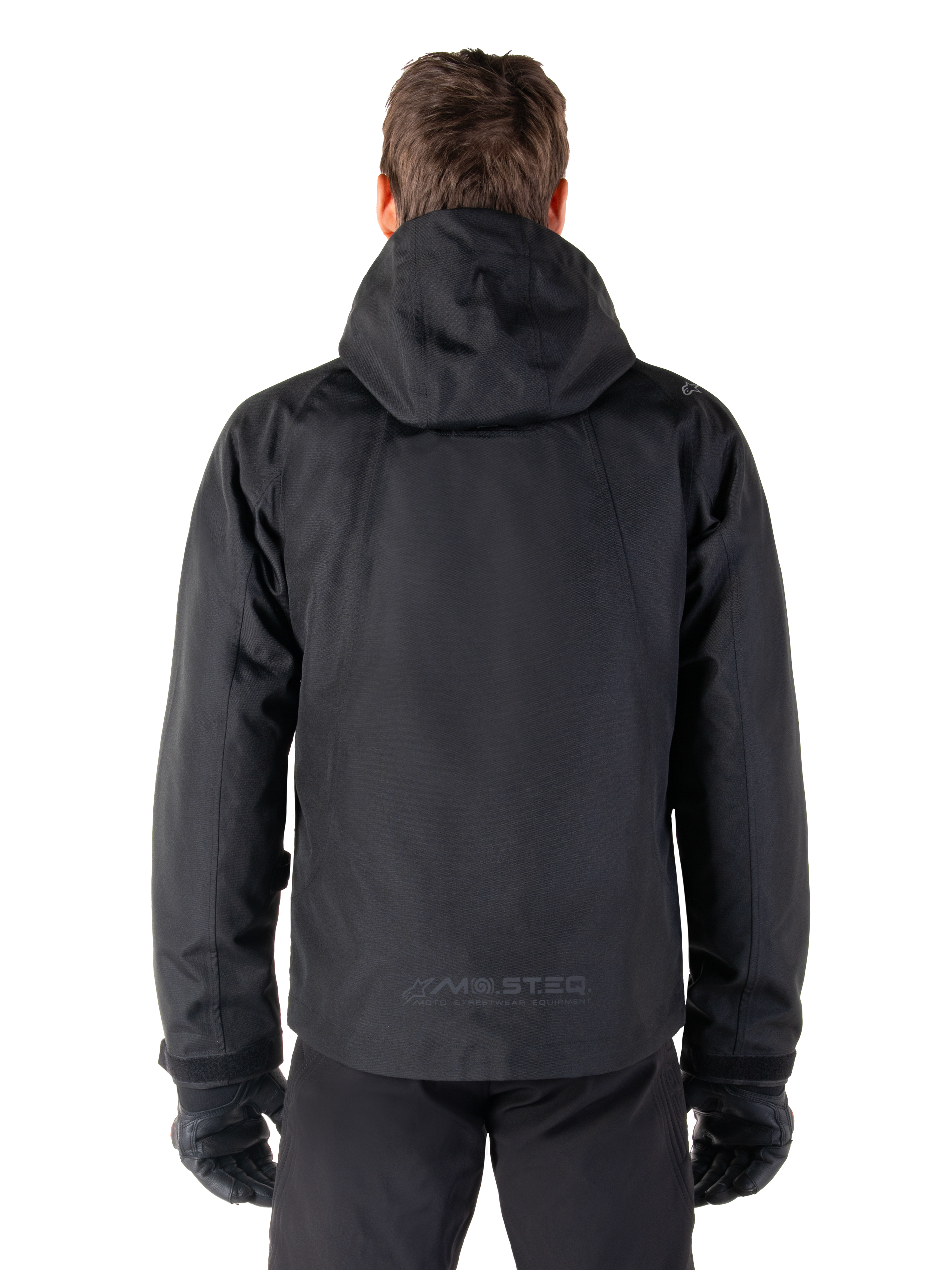 Alpinestars Morush Waterproof Parka, Black Urban Men's Motorcycle Jacket, Rear View with Hood and Reflective MO.ST.EQ. Logo.