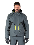 Alpinestars Morush Waterproof Parka, urban gray motorcycle jacket, vibrant yellow zippers and black accents, hooded design with large front pockets, technical streetwear-inspired styling