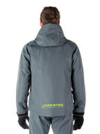 Alpinestars Morush Waterproof Parka, Motorcycle Jacket, Urban Gray, back view showing the hooded design and yellow MO.ST.EQ. logo on the lower back, modern urban streetwear-inspired motorcycle gear
